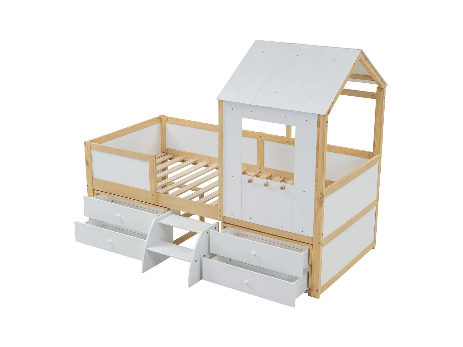 Kinderhoogslaper 90x200 cm in grenen, MDF en multiplex wit/naturel - Met dak, ramen, leuningen, 4 lades en kleine ladder