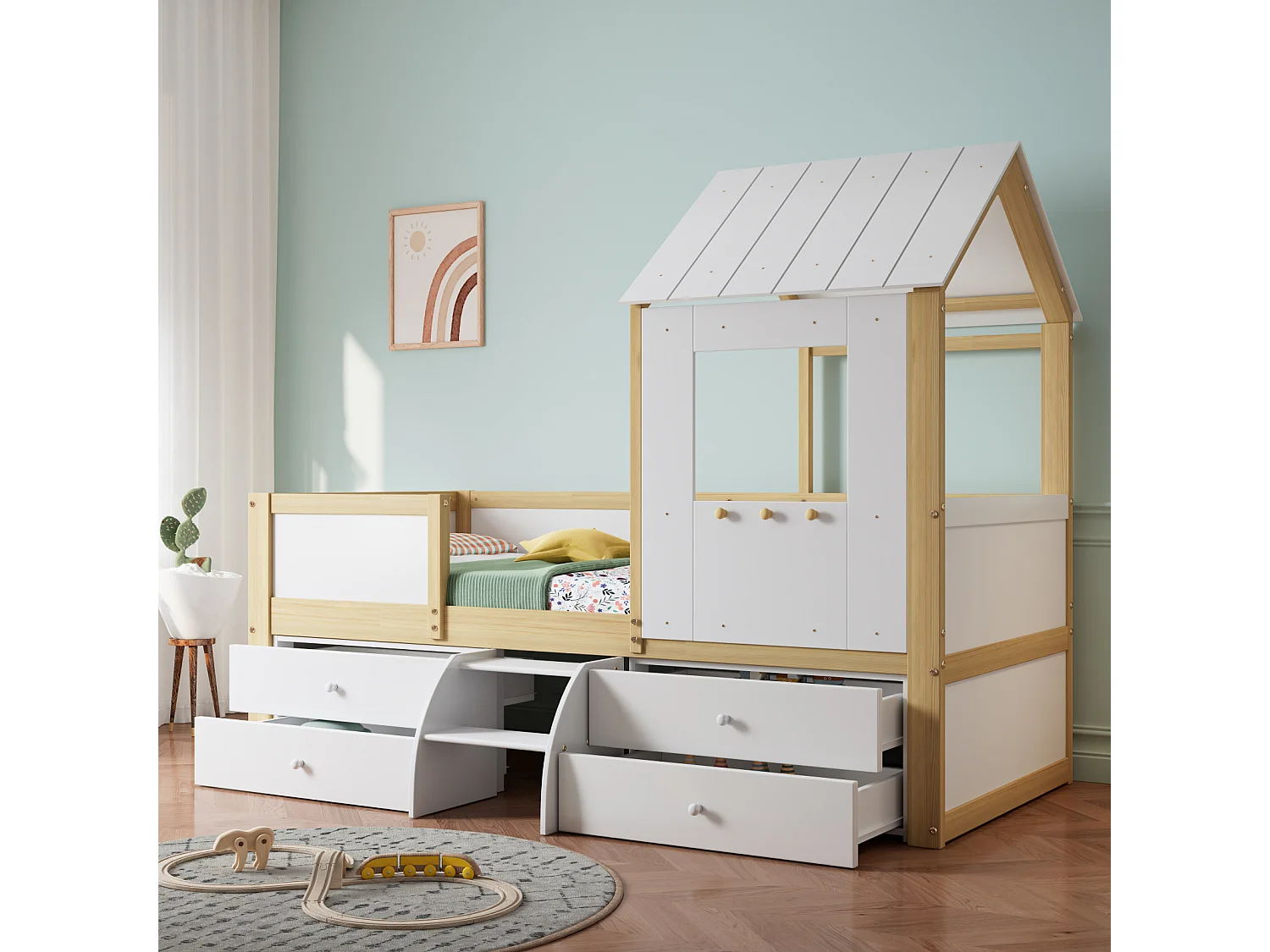 Lit mi-haut enfant 90x200 cm en pin, MDF et contreplaqué blanc/naturel – Avec toit, fenêtres, barrières, 4 tiroirs et petite échelle
