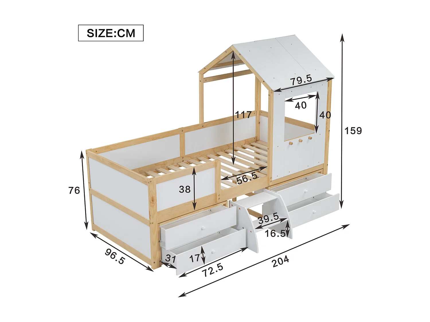 Lit mi-haut enfant 90x200 cm en pin, MDF et contreplaqué blanc/naturel – Avec toit, fenêtres, barrières, 4 tiroirs et petite échelle