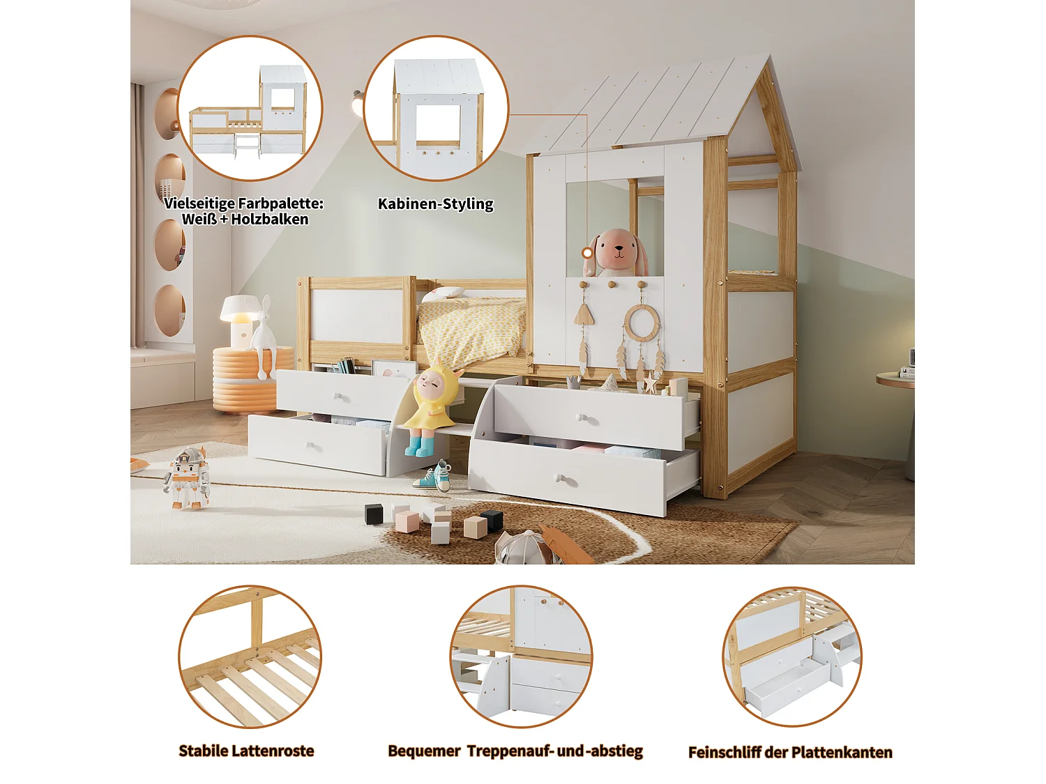 Lit mi-haut enfant 90x200 cm en pin, MDF et contreplaqué blanc/naturel – Avec toit, fenêtres, barrières, 4 tiroirs et petite échelle