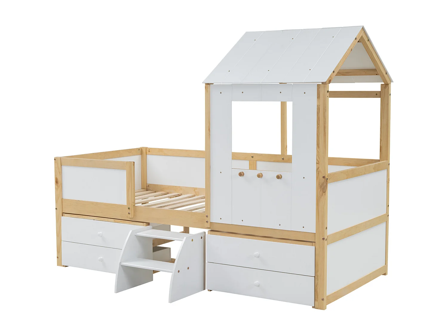 Lit mi-haut enfant 90x200 cm en pin, MDF et contreplaqué blanc/naturel – Avec toit, fenêtres, barrières, 4 tiroirs et petite échelle