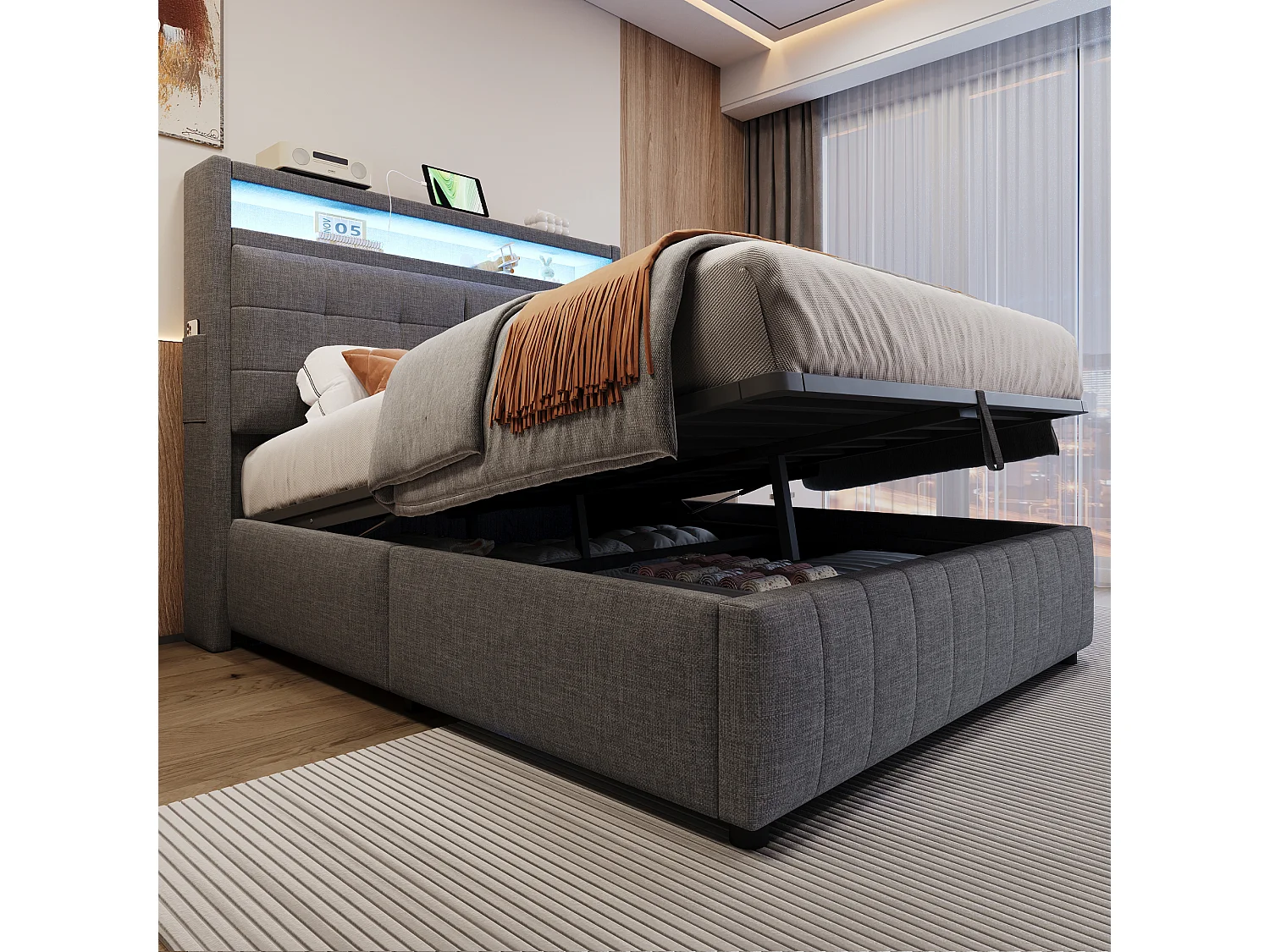 Tweepersoonsbed 140x200 cm in grijze stof met LED en USB-aansluiting - Hoofdbord met opbergruimte, geïntegreerde hydraulische opbergruimte