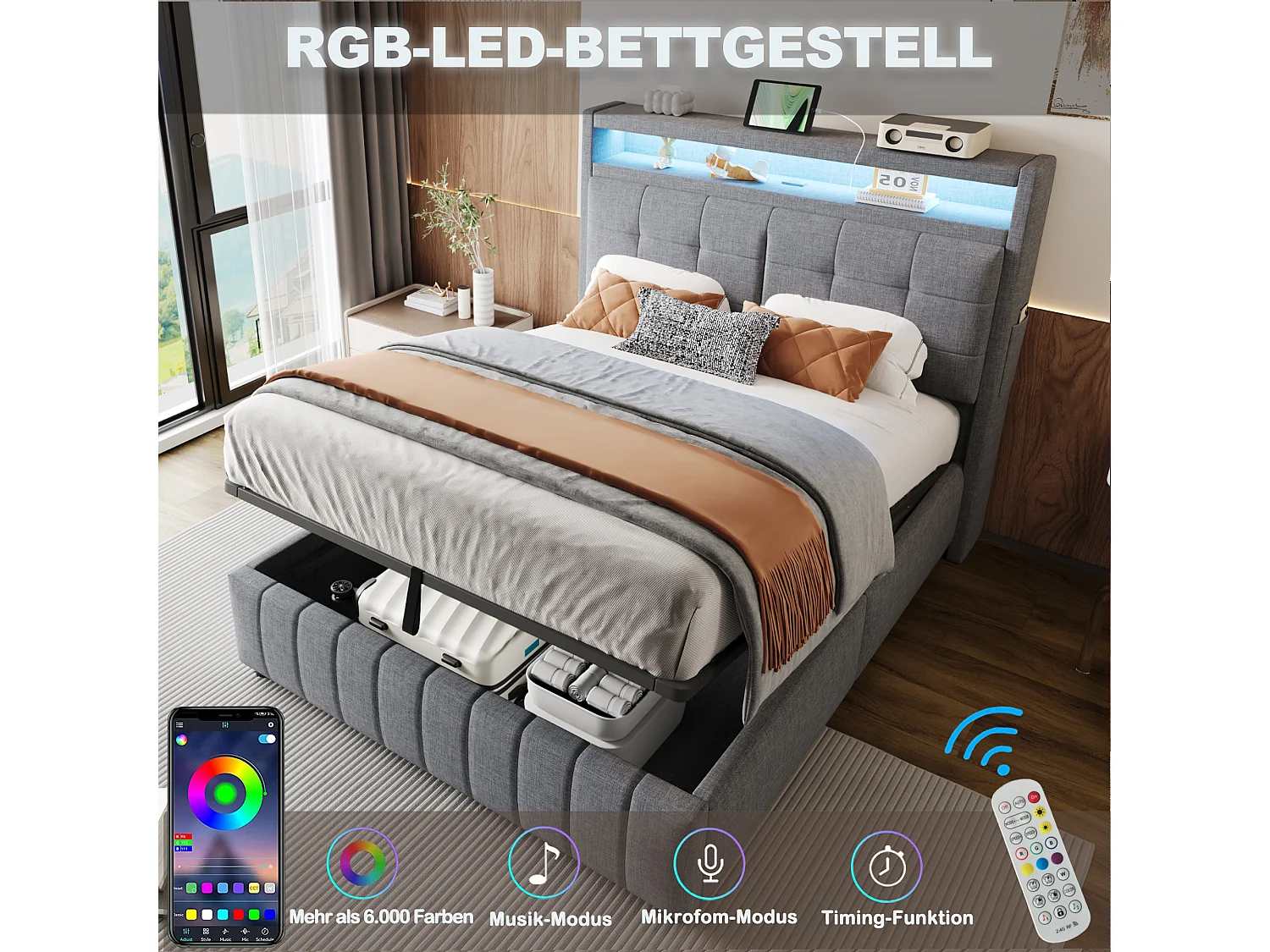 Tweepersoonsbed 140x200 cm in grijze stof met LED en USB-aansluiting - Hoofdbord met opbergruimte, geïntegreerde hydraulische opbergruimte