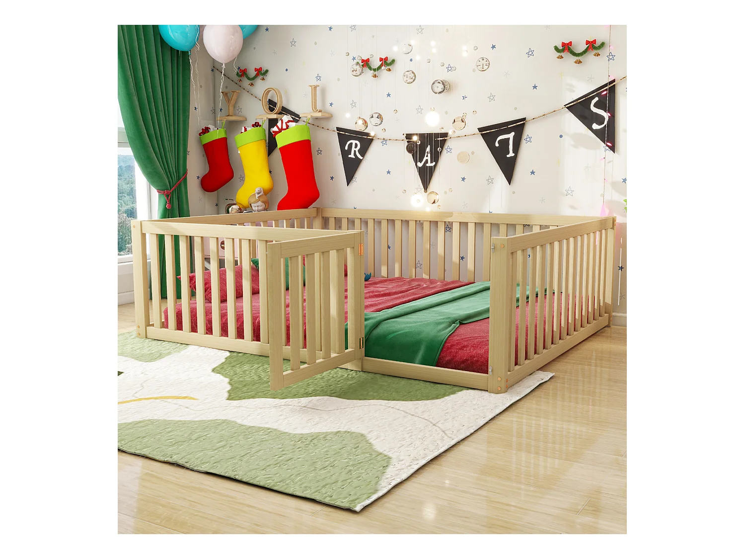 Kinderbed 140x200 cm met frame van natuurlijk hout - Lattenbodem, leuningen en veiligheidsdeur