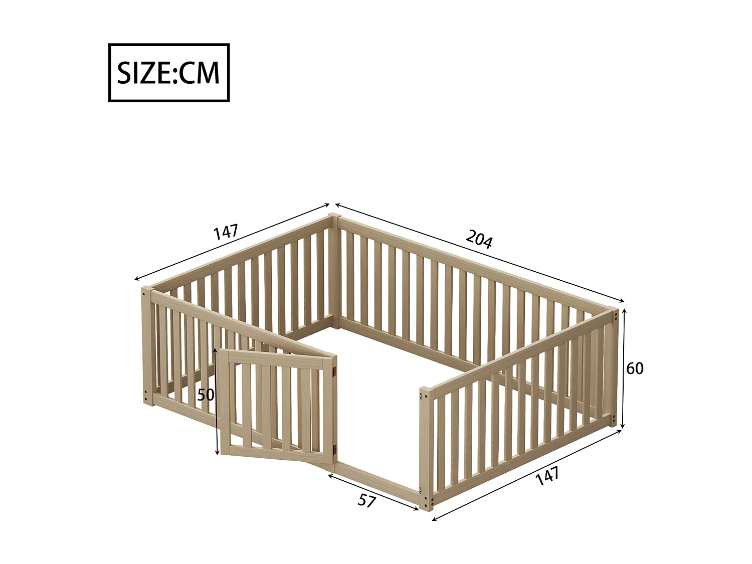 Kinderbed 140x200 cm met frame van natuurlijk hout - Lattenbodem, leuningen en veiligheidsdeur