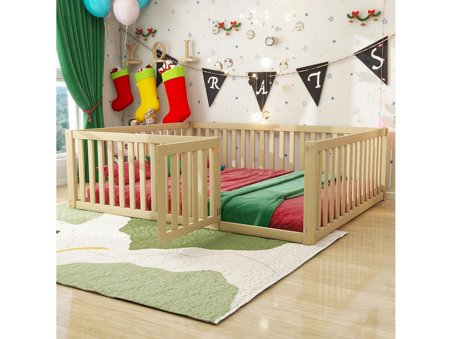 Kinderbed 140x200 cm met frame van natuurlijk hout - Lattenbodem, leuningen en veiligheidsdeur