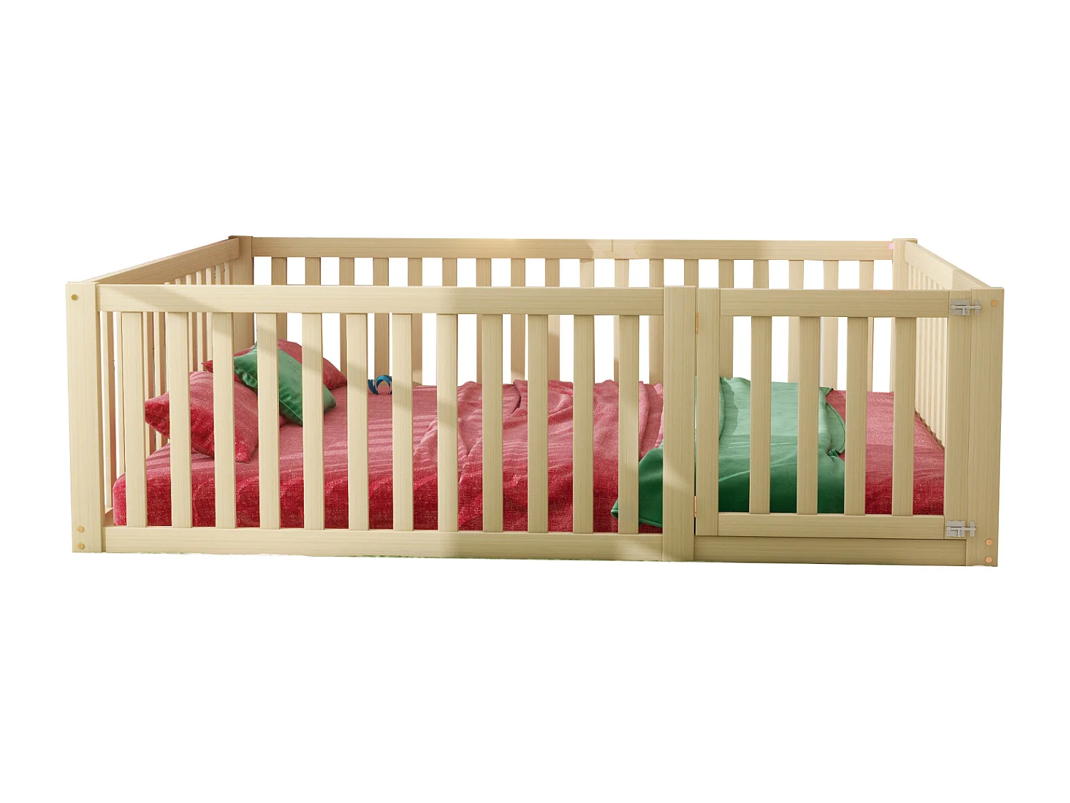 Kinderbed 140x200 cm met frame van natuurlijk hout - Lattenbodem, leuningen en veiligheidsdeur