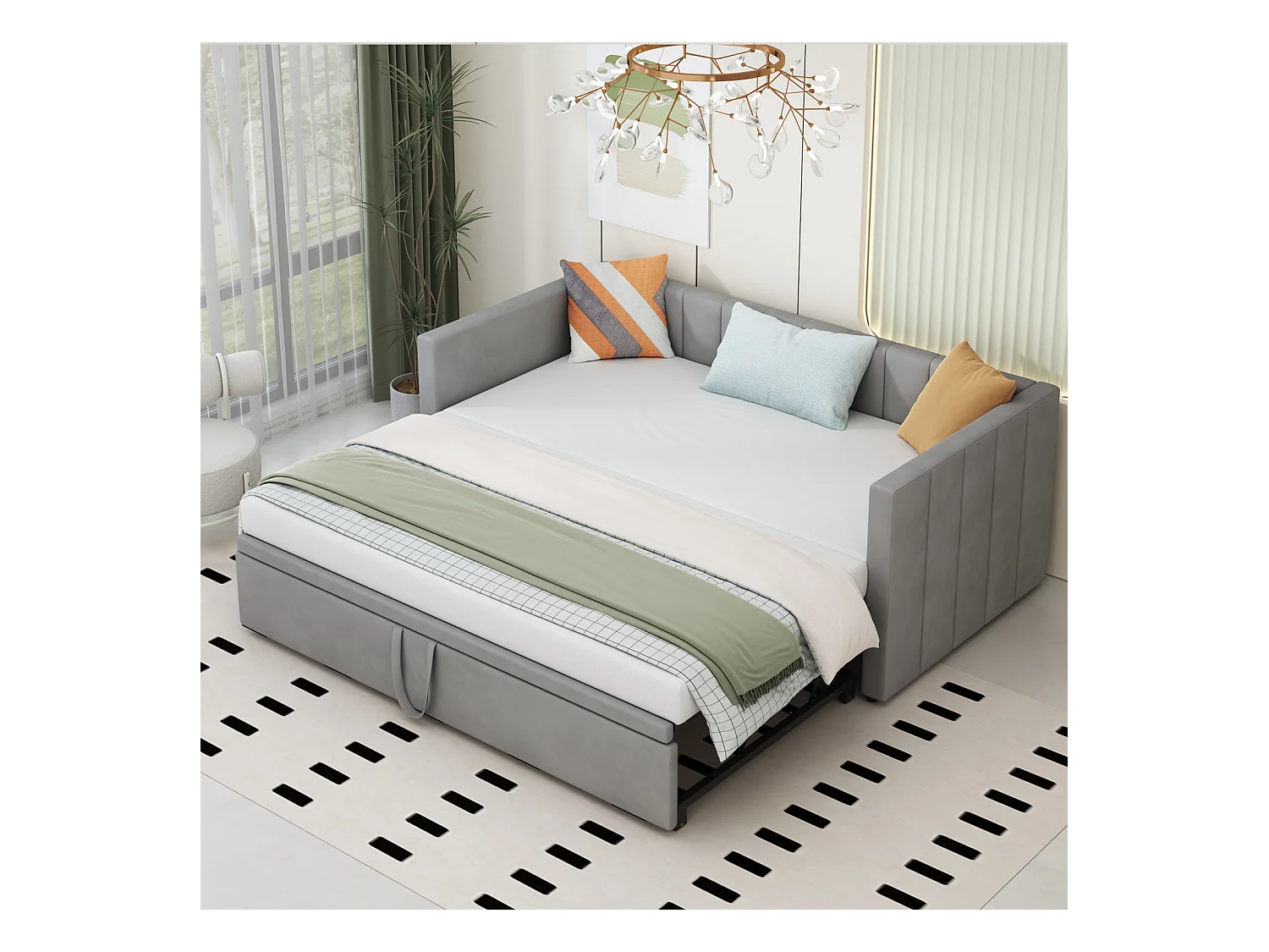 Schlafsofa 90/180x200 cm in grauem Samt – Ausziehbett mit Lattenrost, multifunktional