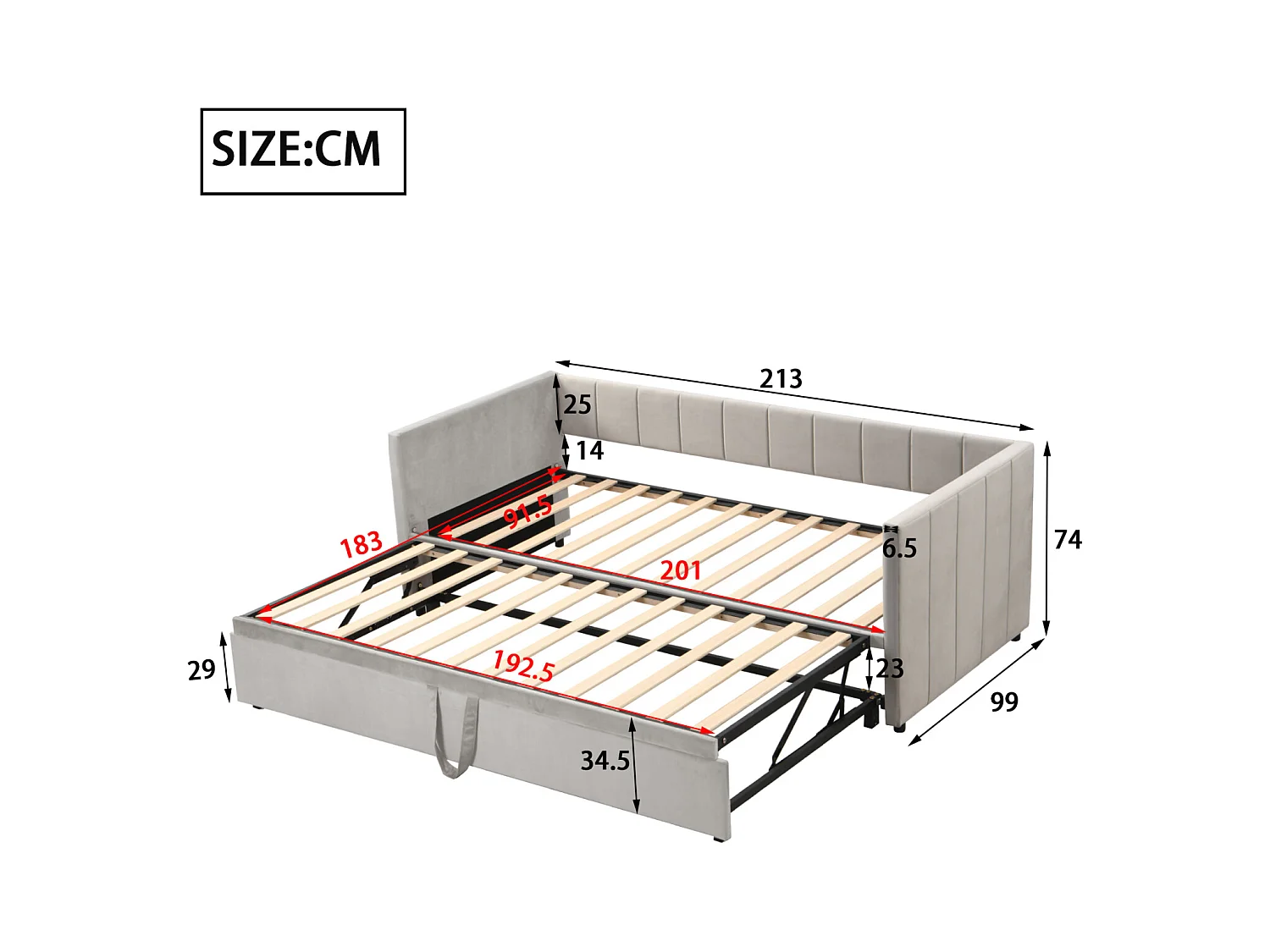 Schlafsofa 90/180x200 cm in grauem Samt – Ausziehbett mit Lattenrost, multifunktional