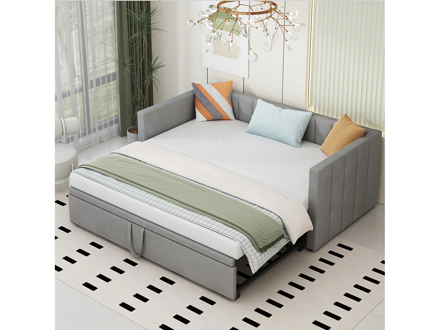 Sofá-cama 90/180x200 cm em veludo cinza – Cama de rodízio com estrado de ripas, multifuncional