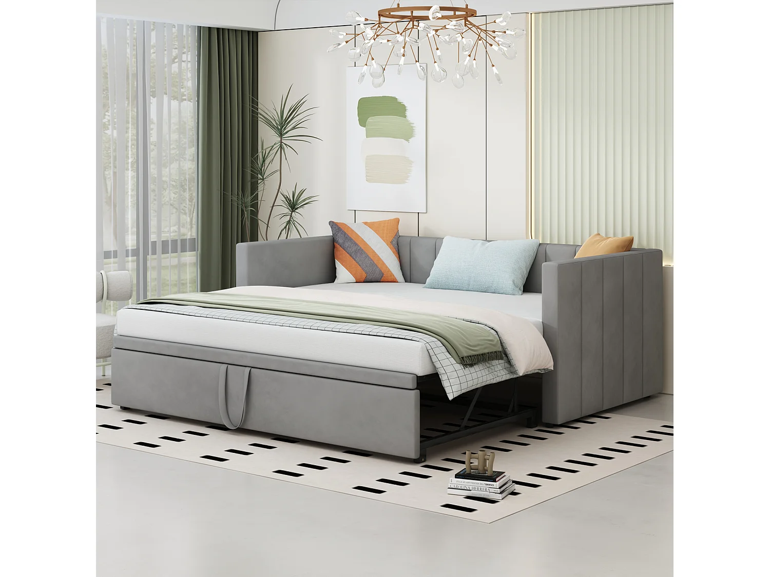 Sofá-cama 90/180x200 cm em veludo cinza – Cama de rodízio com estrado de ripas, multifuncional