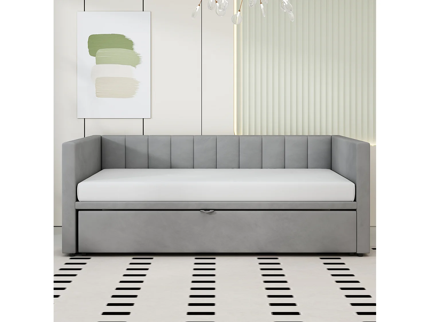 Sofá-cama 90/180x200 cm em veludo cinza – Cama de rodízio com estrado de ripas, multifuncional