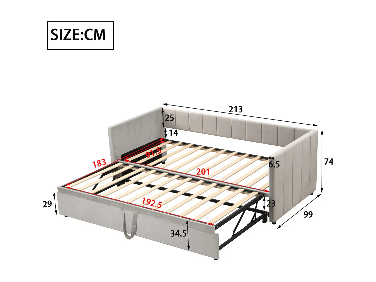 Sofá-cama 90/180x200 cm em veludo cinza – Cama de rodízio com estrado de ripas, multifuncional