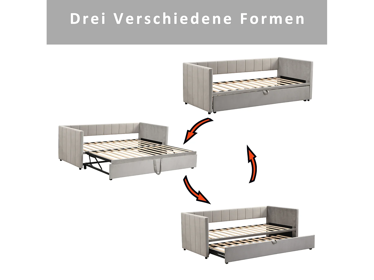 Sofá-cama 90/180x200 cm em veludo cinza – Cama de rodízio com estrado de ripas, multifuncional