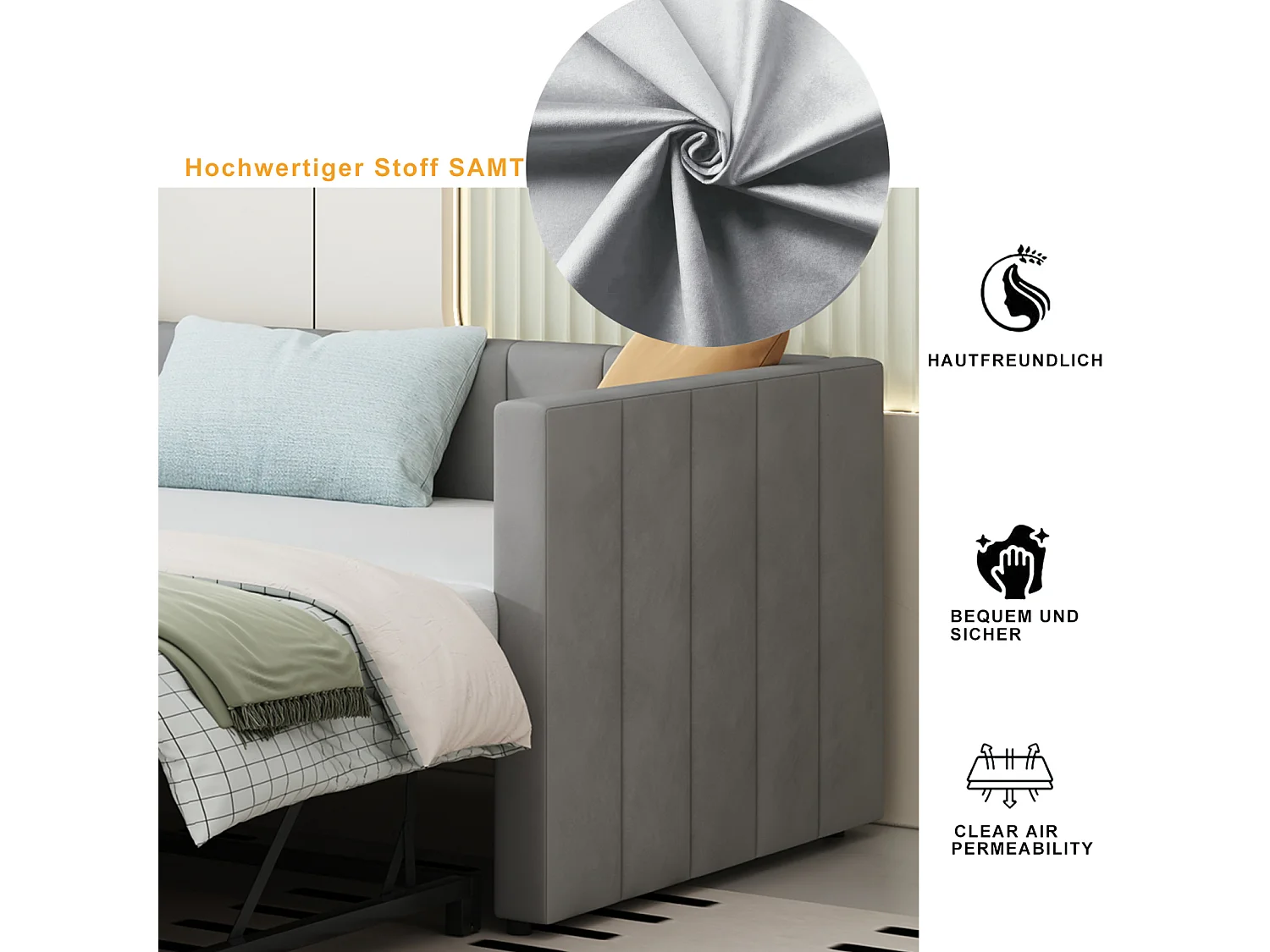 Sofá-cama 90/180x200 cm em veludo cinza – Cama de rodízio com estrado de ripas, multifuncional