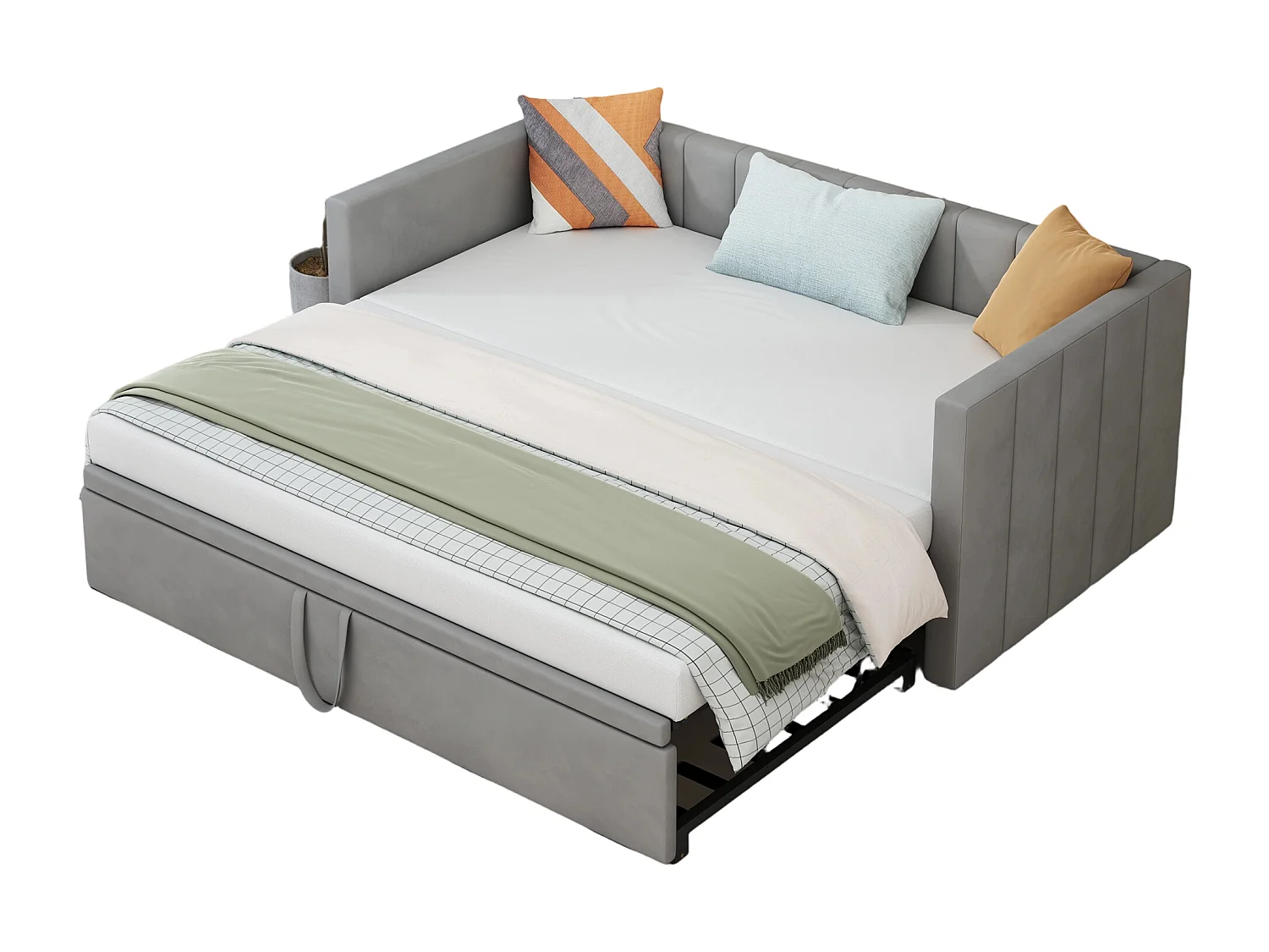 Sofá-cama 90/180x200 cm em veludo cinza – Cama de rodízio com estrado de ripas, multifuncional