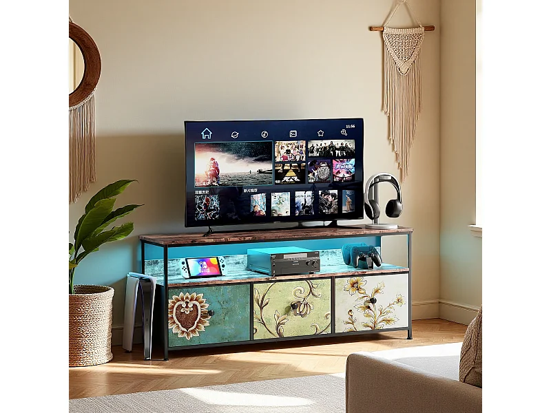 TV-meubel van 108 cm met ledverlichting, tijgerhoutlook bovenkant, 4 gekleurde stoffen lades, metalen frame, moderne opbergruimte met verstelbare poten