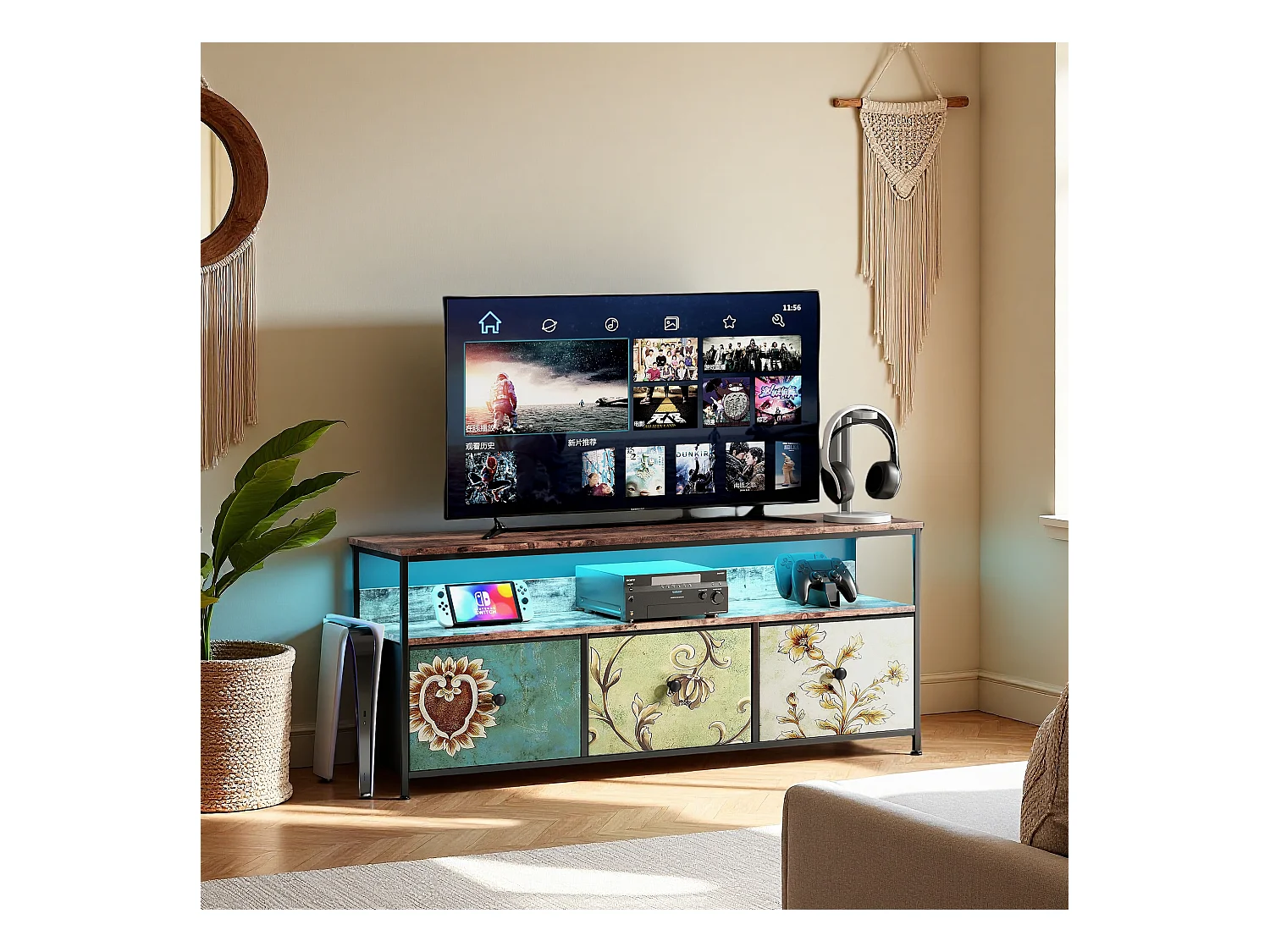 Meuble TV 108 cm avec LED, plateau effet bois tigre, 4 tiroirs en tissu coloré, cadre en métal, rangement moderne avec pieds réglables