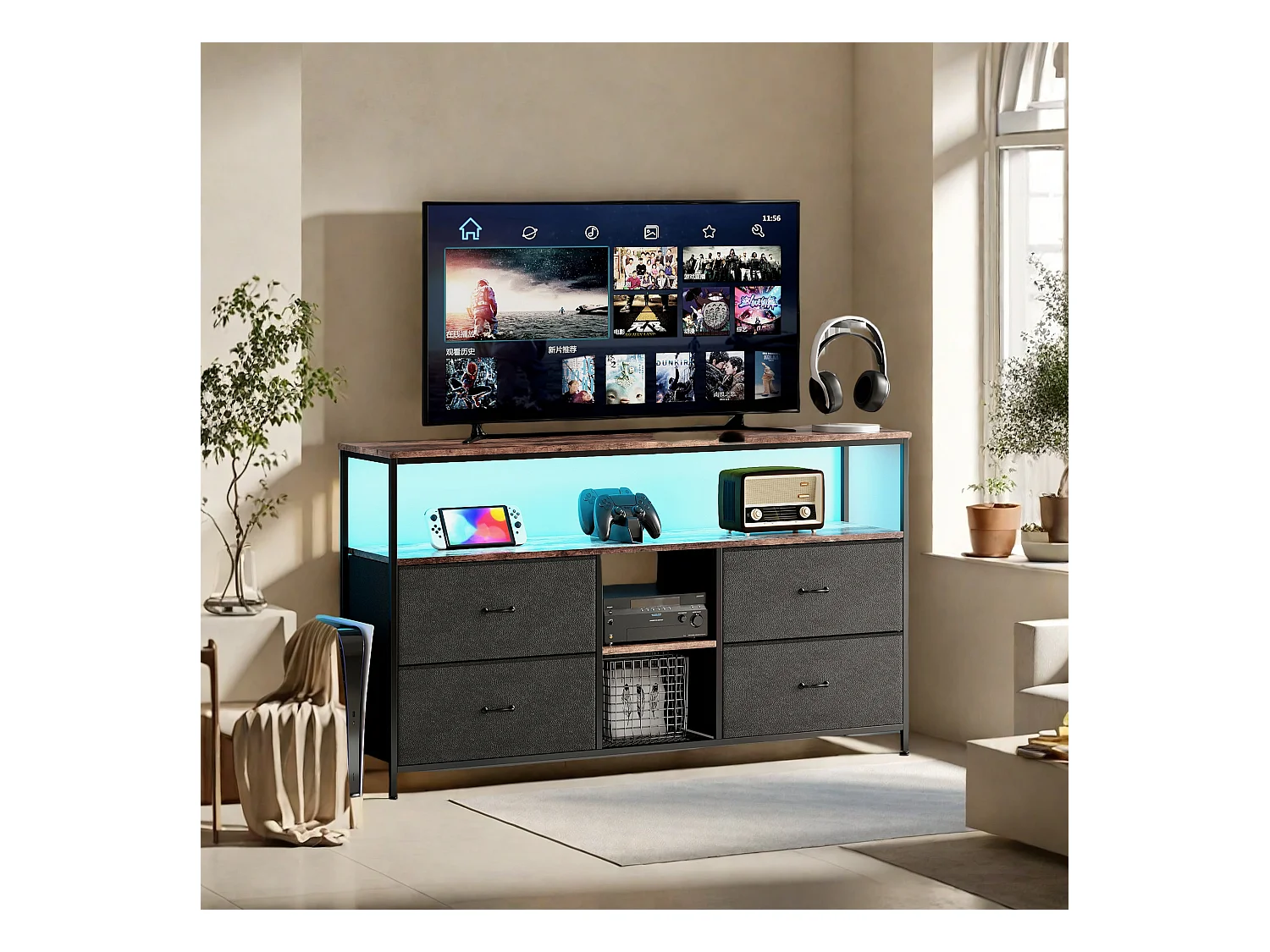 Meuble TV 108 cm avec LED, plateau effet bois tigre, 4 tiroirs en tissu PU noir, cadre métal robuste, pieds réglables, style rétro-moderne