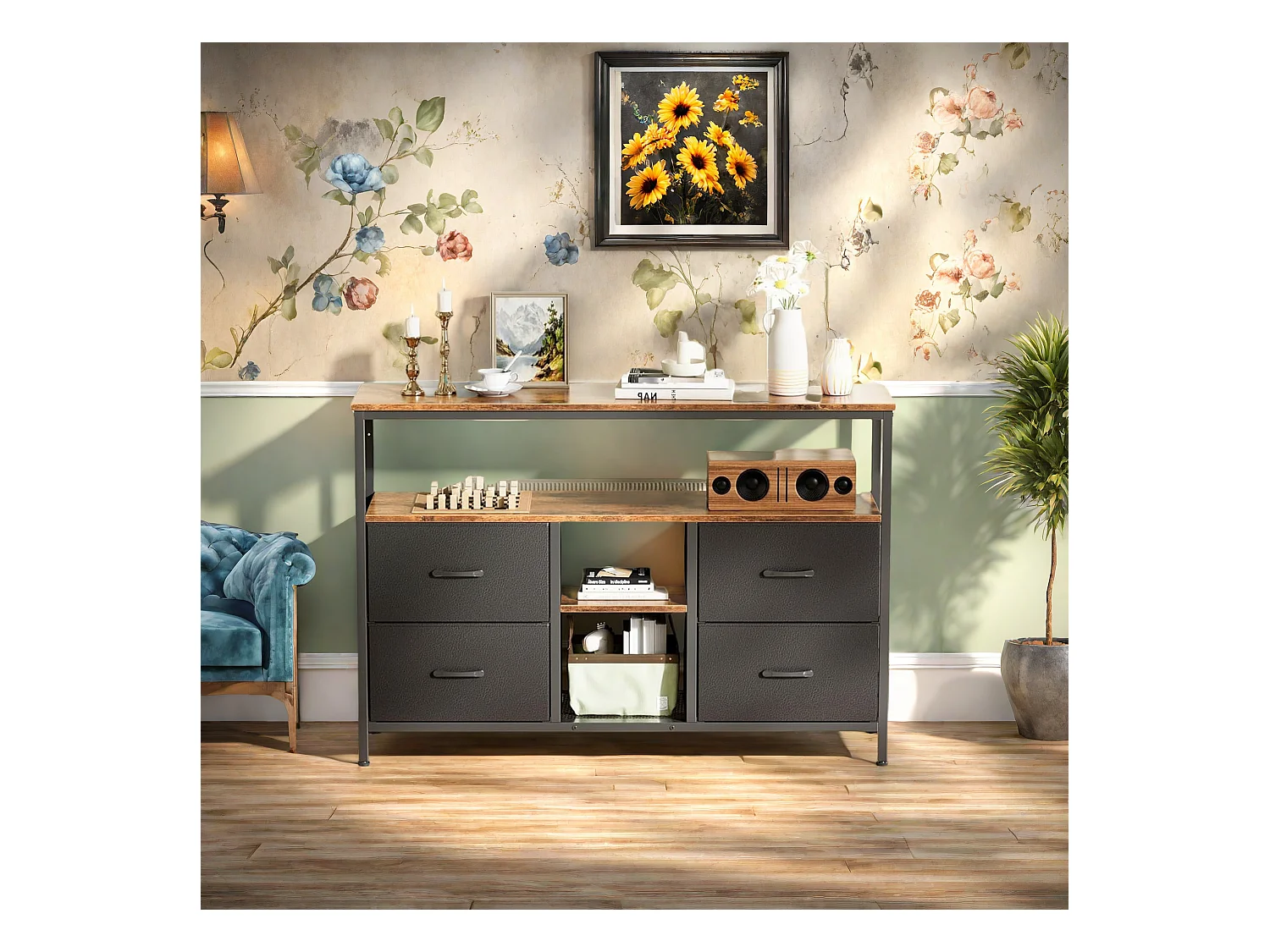 Meuble TV 108 cm avec LED, plateau effet bois tigre, 4 tiroirs en tissu PU noir, cadre métal robuste, pieds réglables, style rétro-moderne