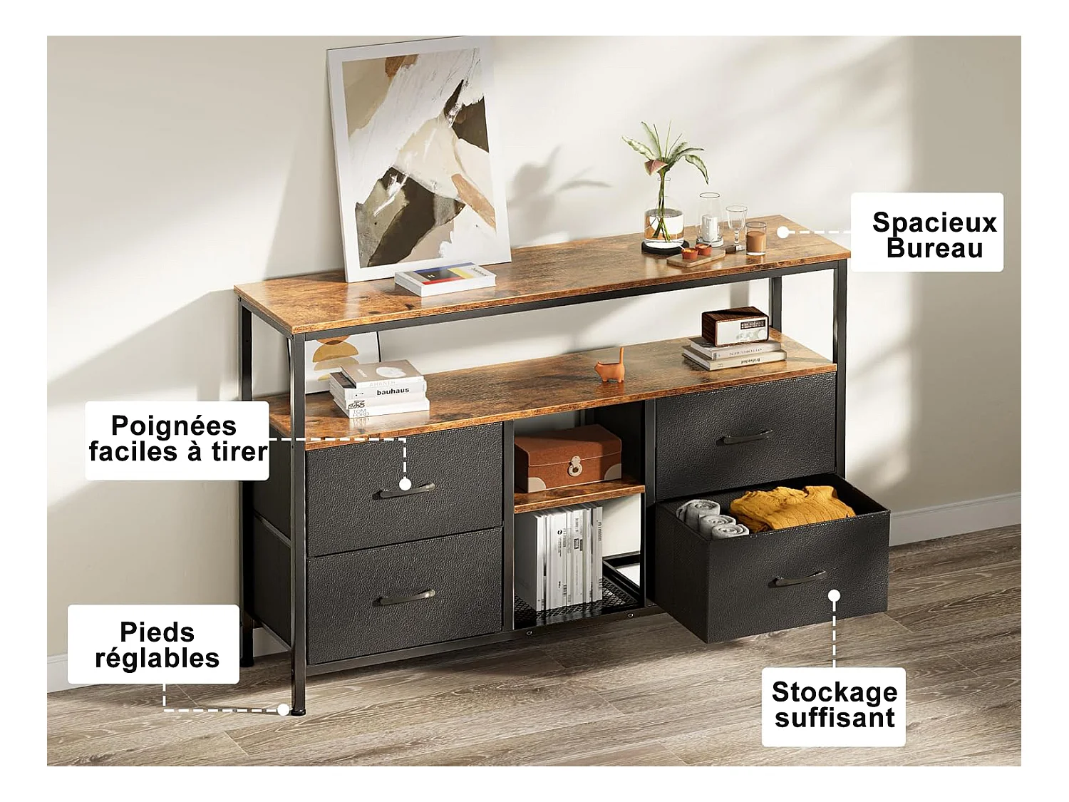 Meuble TV 108 cm avec LED, plateau effet bois tigre, 4 tiroirs en tissu PU noir, cadre métal robuste, pieds réglables, style rétro-moderne