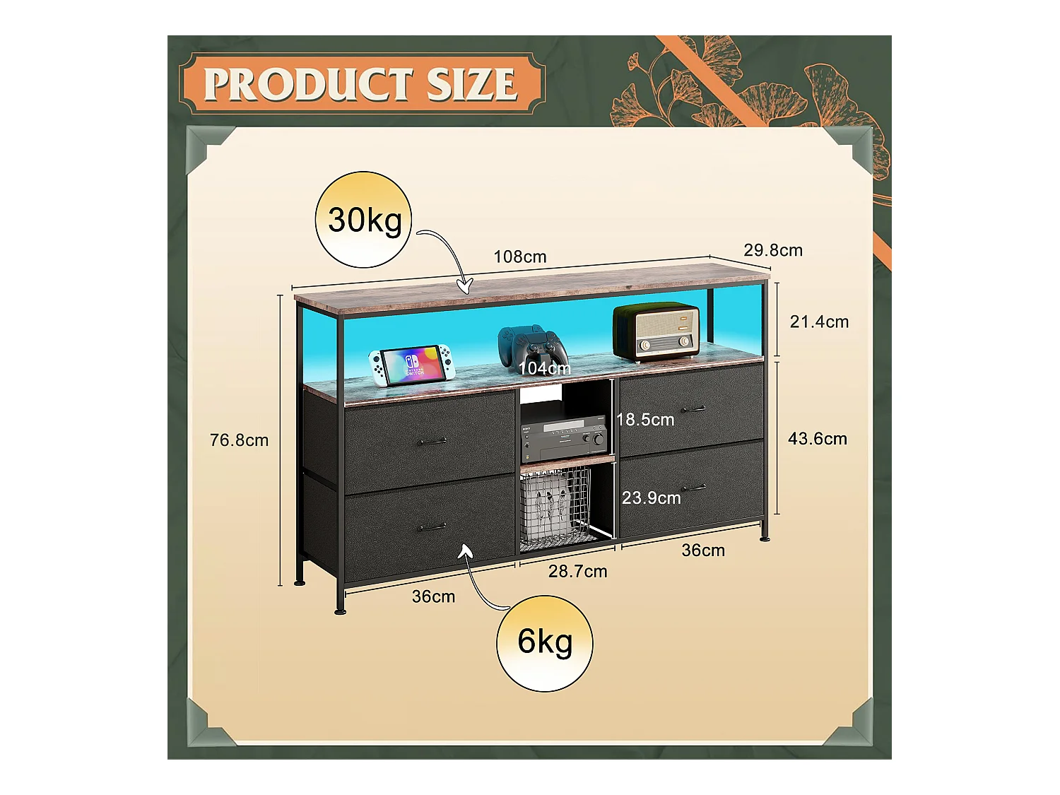 Meuble TV 108 cm avec LED, plateau effet bois tigre, 4 tiroirs en tissu PU noir, cadre métal robuste, pieds réglables, style rétro-moderne