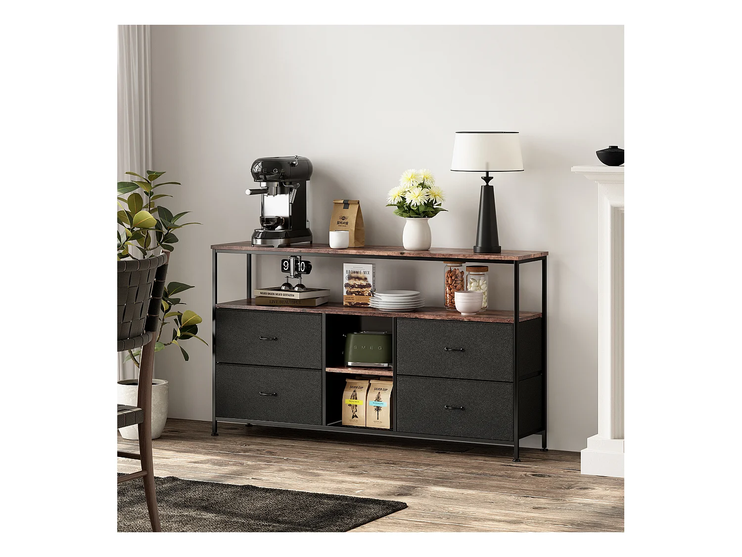 Meuble TV 108 cm avec LED, plateau effet bois tigre, 4 tiroirs en tissu PU noir, cadre métal robuste, pieds réglables, style rétro-moderne