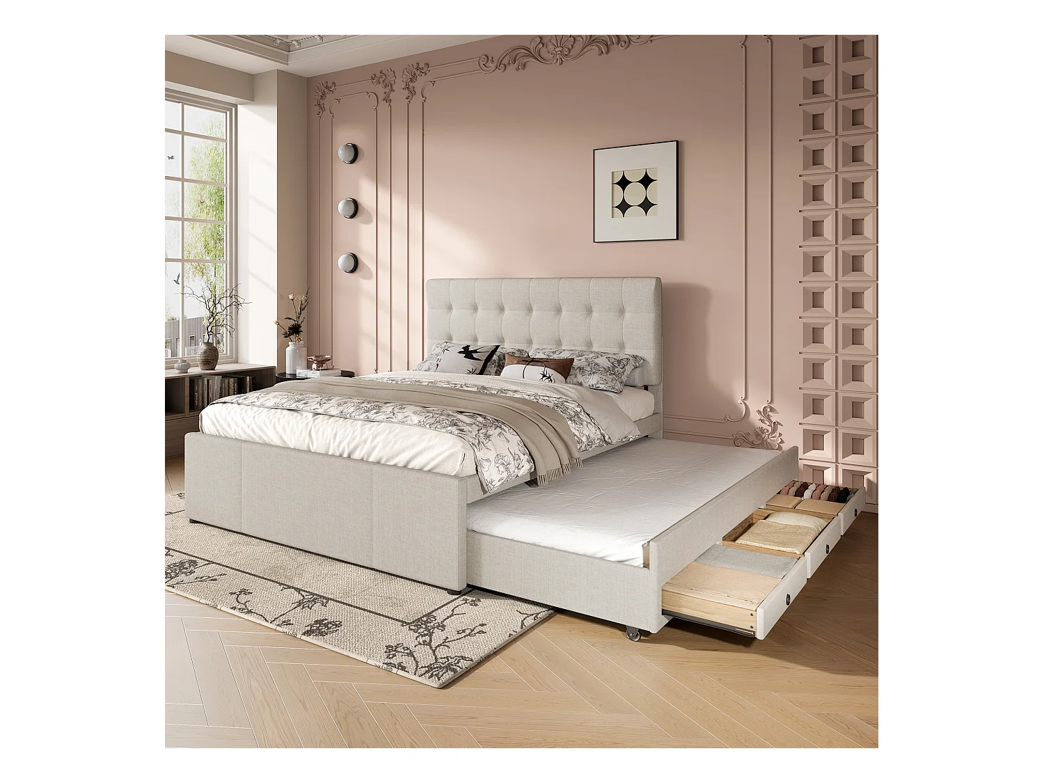 Lit familial 140x200 cm en tissu beige – 3 tiroirs, lit gigogne et tête de lit réglable, sans matelas