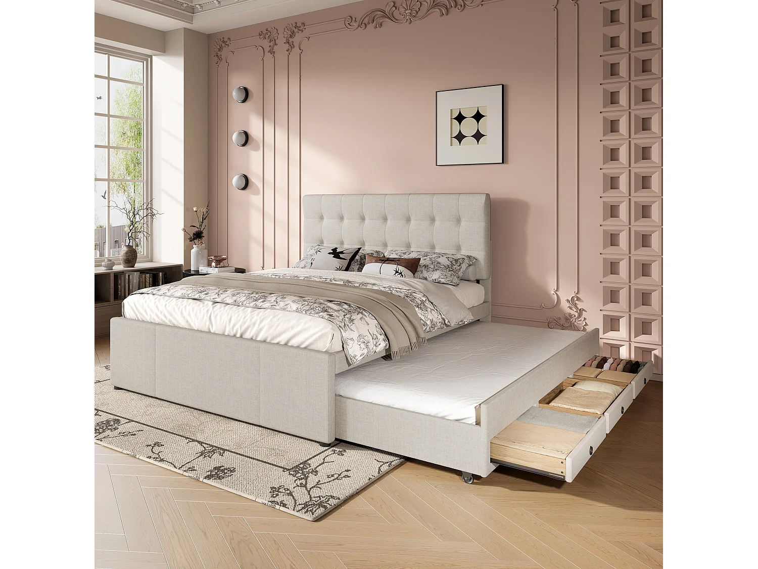 Lit familial 140x200 cm en tissu beige – 3 tiroirs, lit gigogne et tête de lit réglable, sans matelas