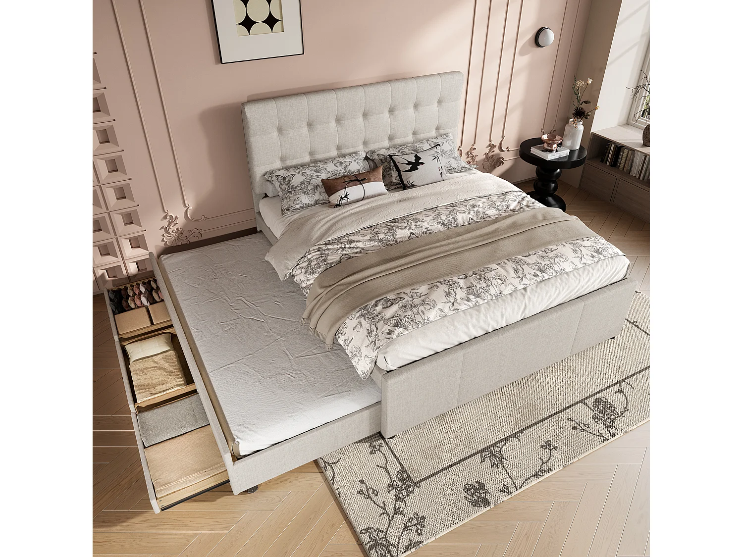 Lit familial 140x200 cm en tissu beige – 3 tiroirs, lit gigogne et tête de lit réglable, sans matelas