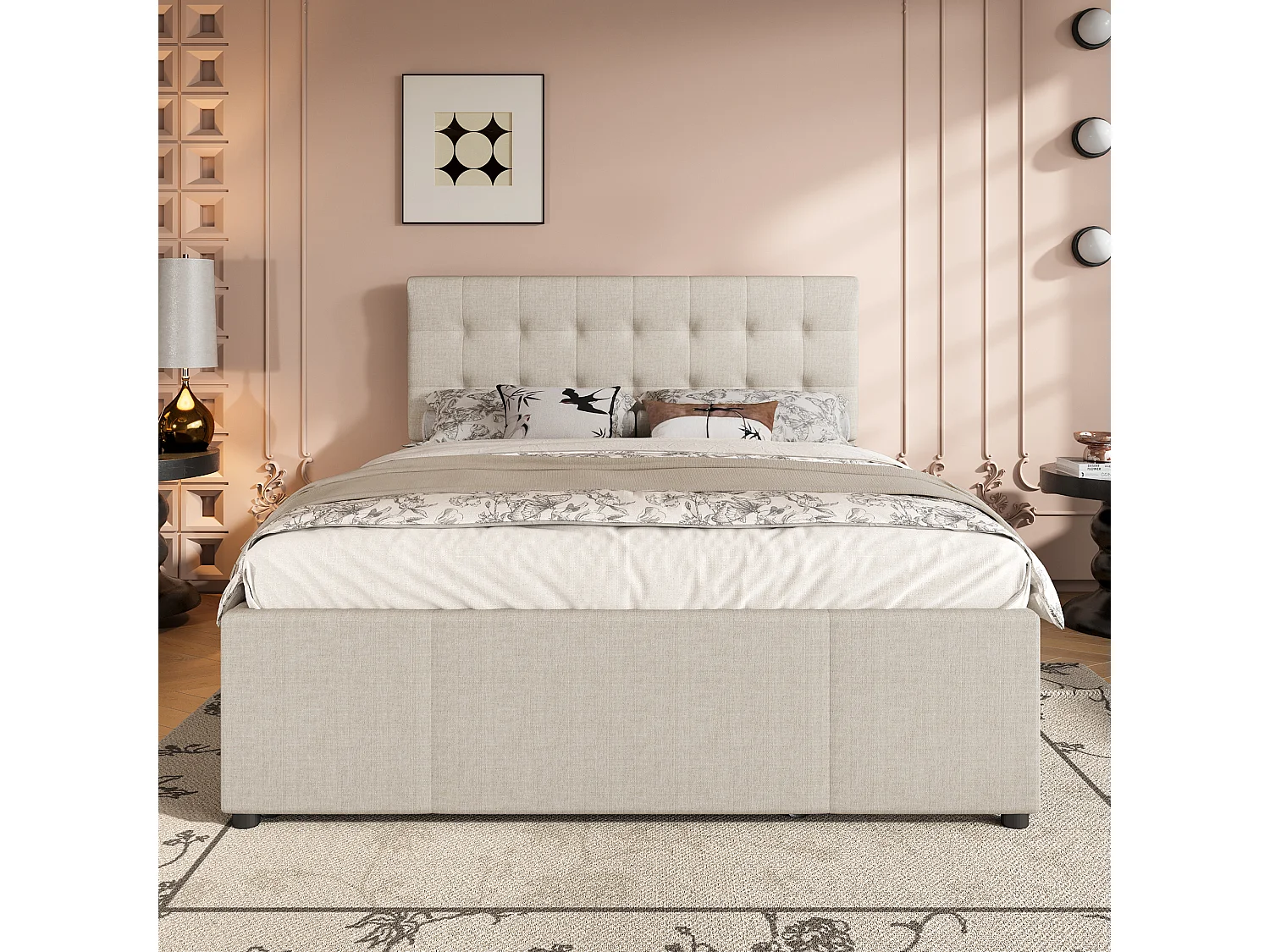 Letto matrimoniale 140x200 cm in tessuto beige - 3 cassetti, letto estraibile e testiera regolabile, senza materasso