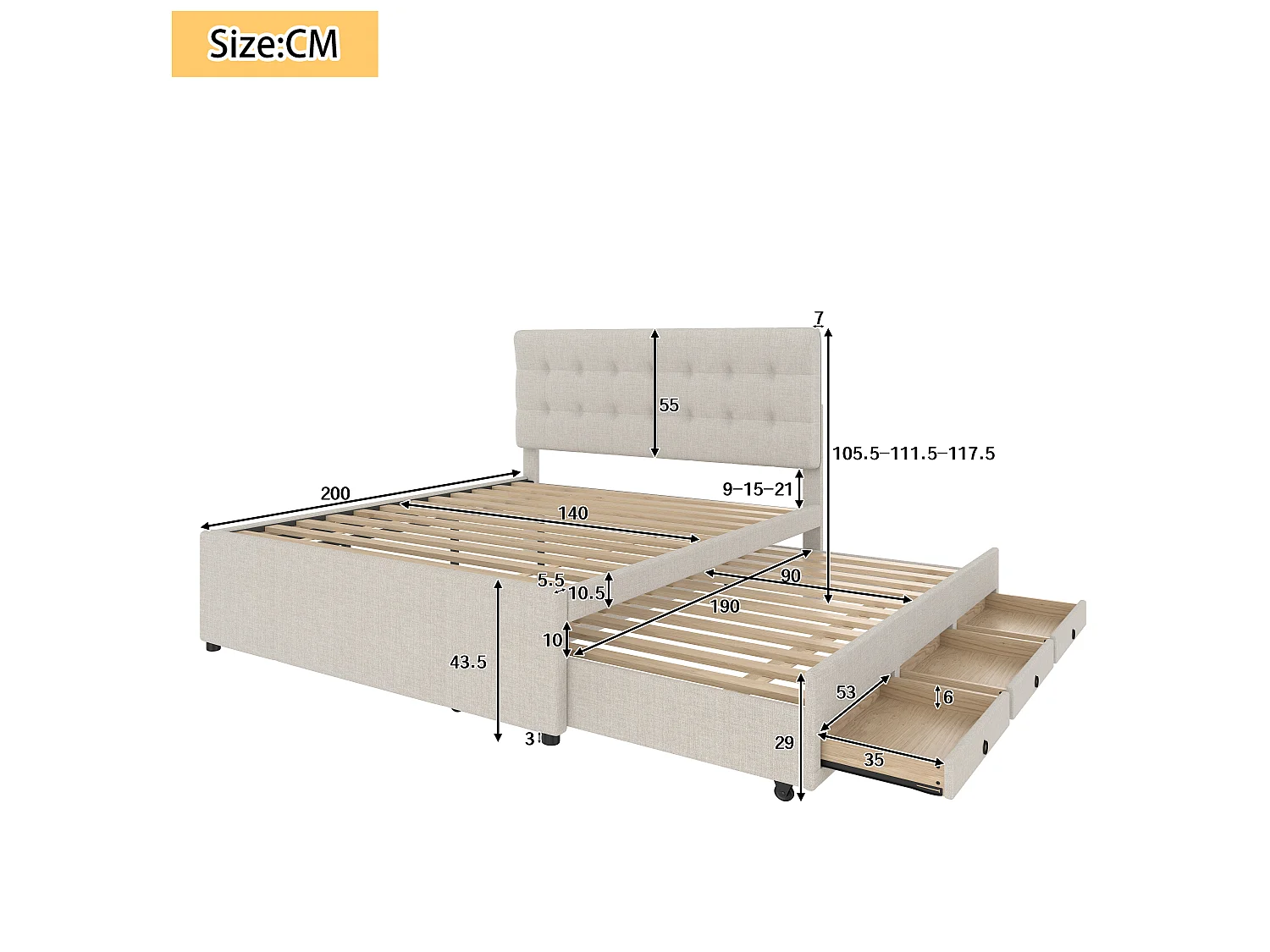 Letto matrimoniale 140x200 cm in tessuto beige - 3 cassetti, letto estraibile e testiera regolabile, senza materasso
