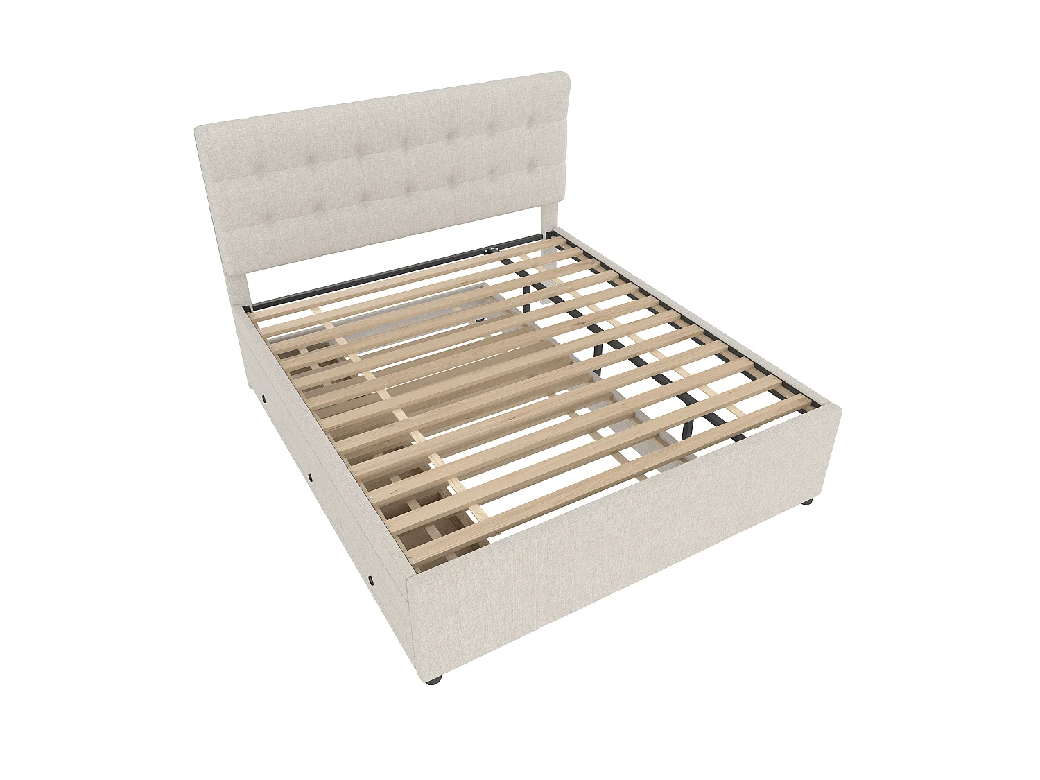 Letto matrimoniale 140x200 cm in tessuto beige - 3 cassetti, letto estraibile e testiera regolabile, senza materasso
