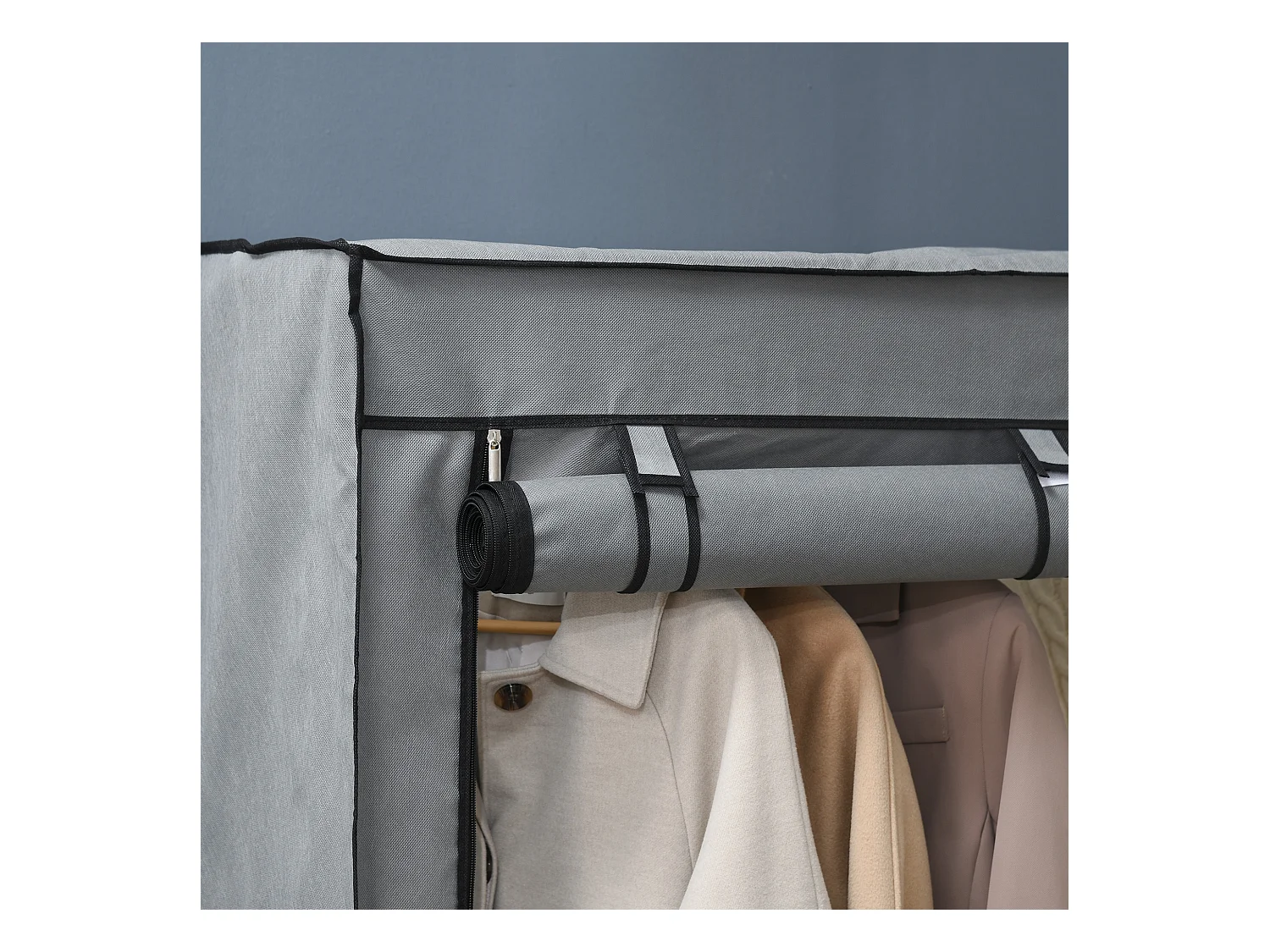 Armoire pliante en tissu gris clair avec tringle et 4 compartiments – Fermeture éclair, pratique pour organiser la chambre