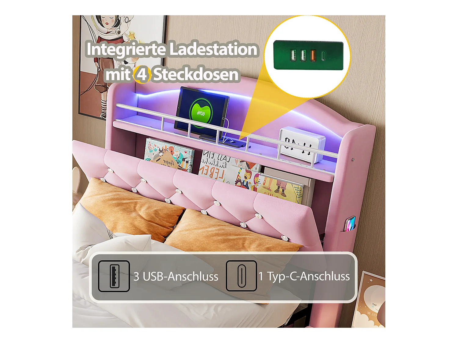 Lit enfant 90x200 cm en velours rose avec LED, port USB et rangements – Lit simple multifonction