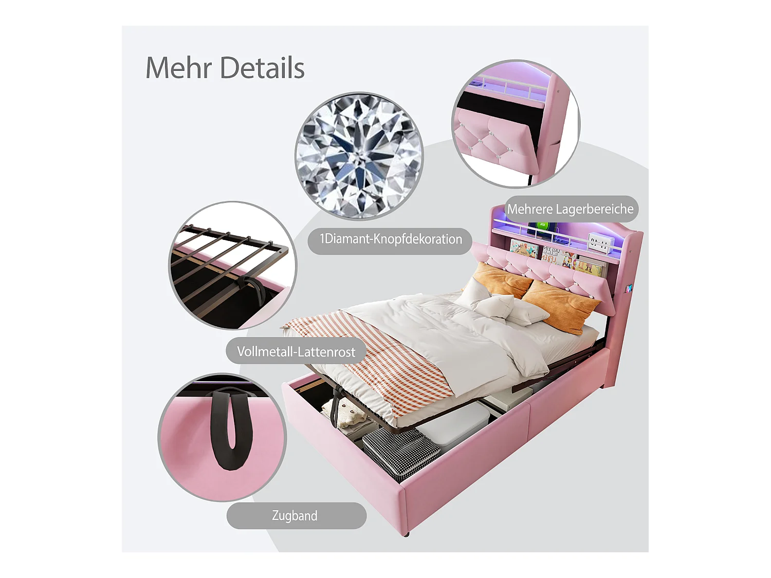 Lit enfant 90x200 cm en velours rose avec LED, port USB et rangements – Lit simple multifonction