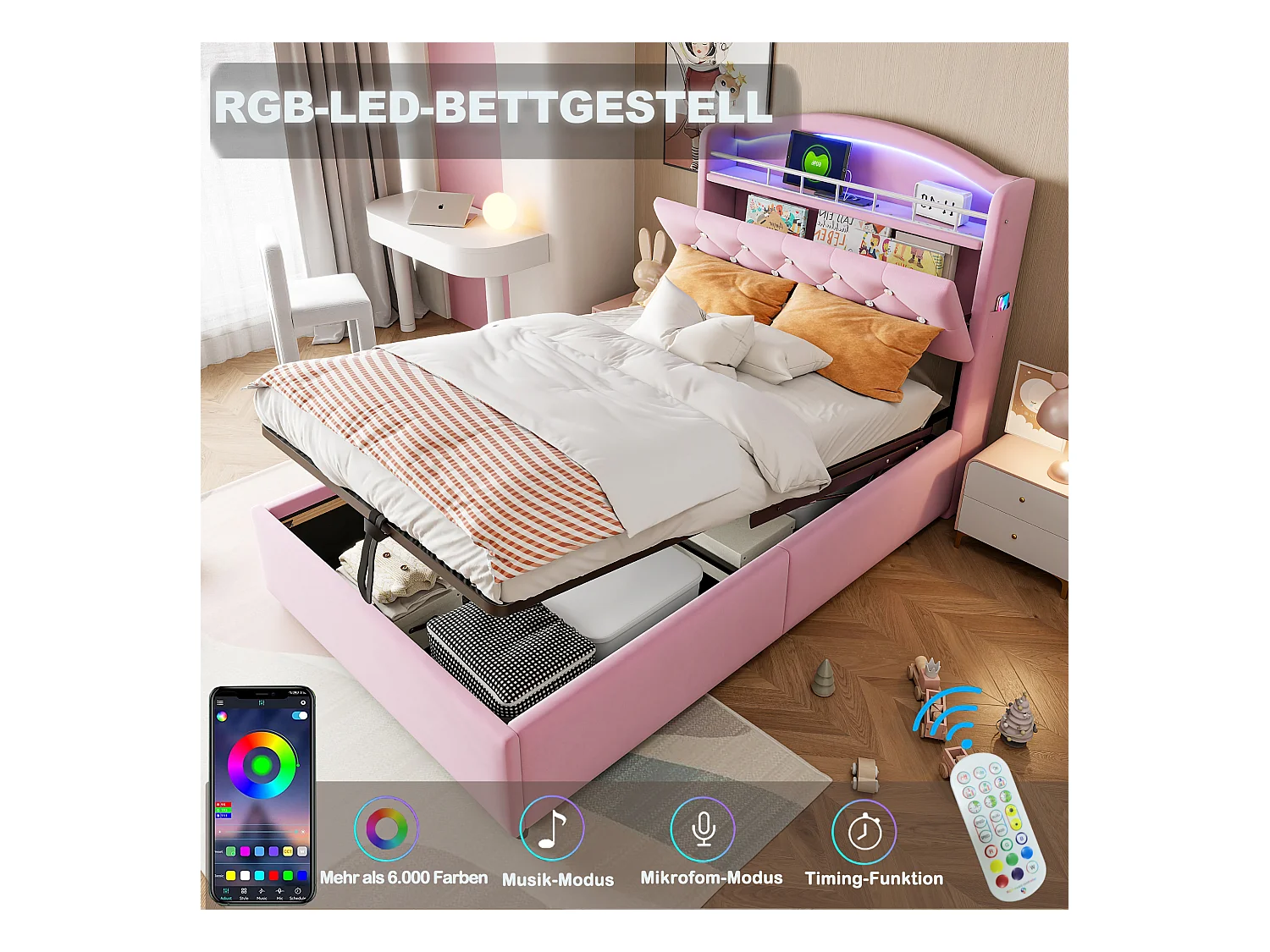 Lit enfant 90x200 cm en velours rose avec LED, port USB et rangements – Lit simple multifonction