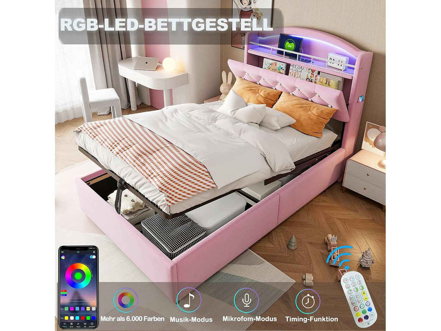 Cama infantil 90x200 cm en terciopelo rosa con LED, puerto USB y almacenaje - Cama individual multifuncional