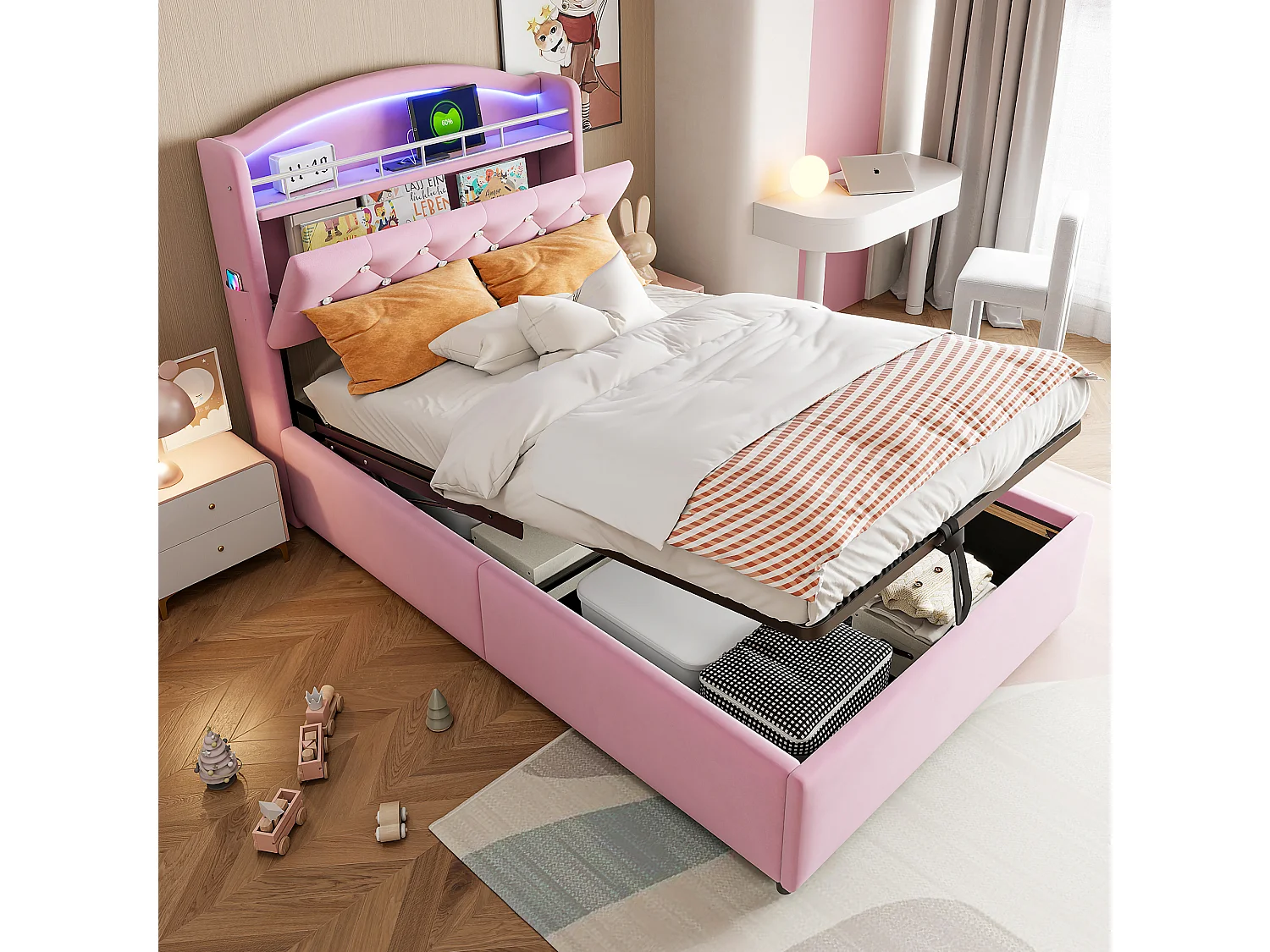 Lit enfant 90x200 cm en velours rose avec LED, port USB et rangements – Lit simple multifonction