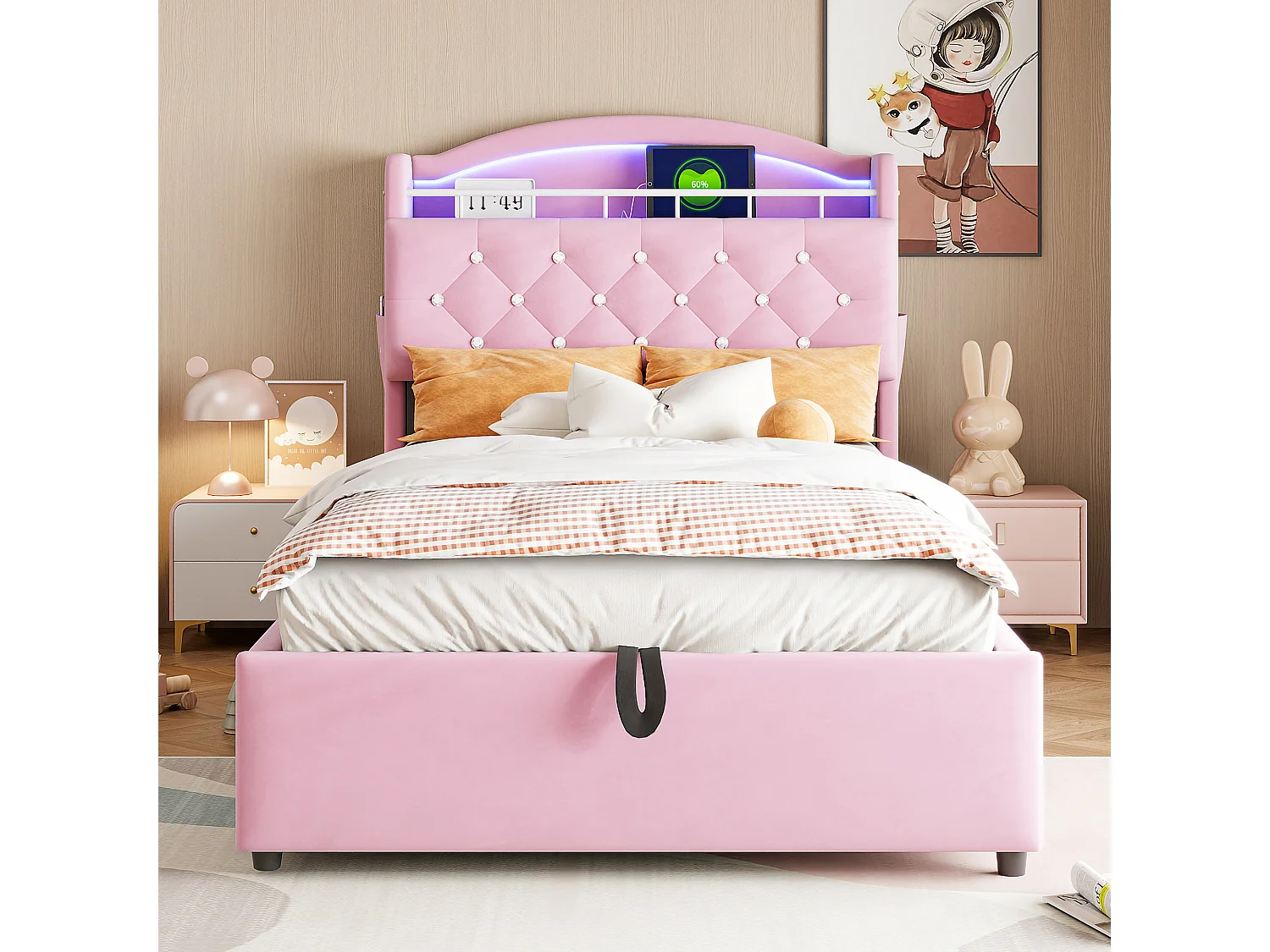 Lit enfant 90x200 cm en velours rose avec LED, port USB et rangements – Lit simple multifonction