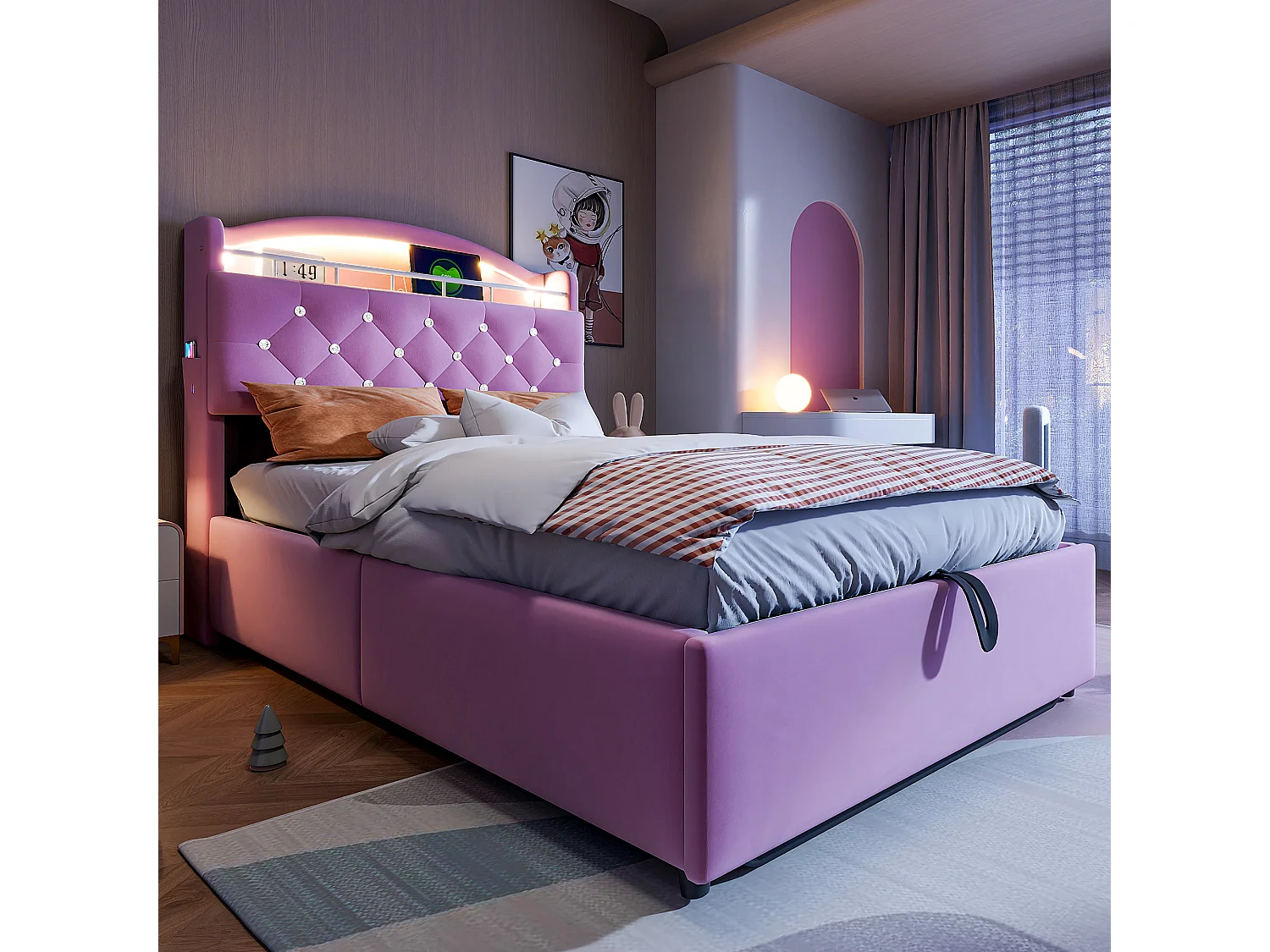 Lit enfant 90x200 cm en velours rose avec LED, port USB et rangements – Lit simple multifonction