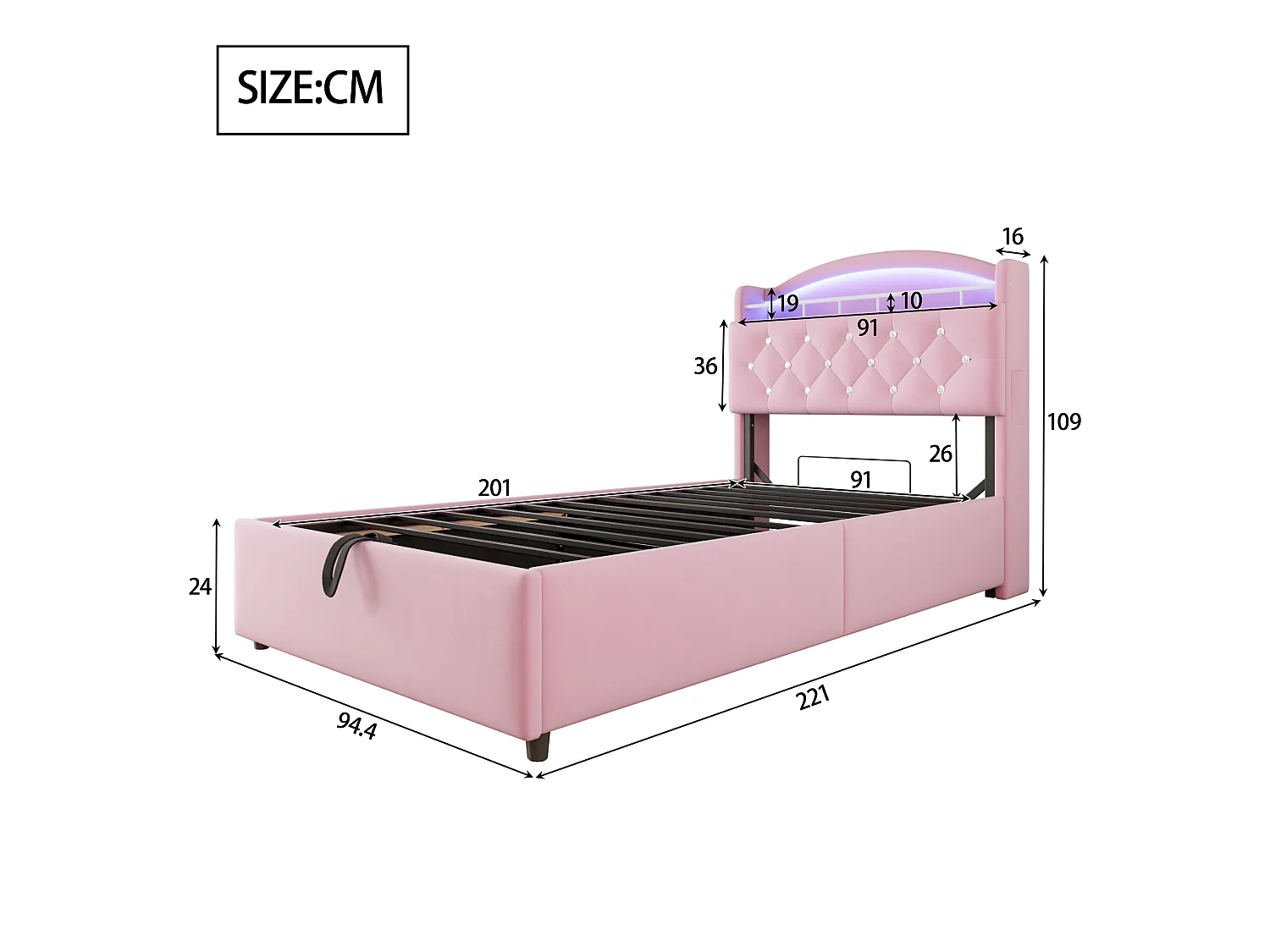 Lit enfant 90x200 cm en velours rose avec LED, port USB et rangements – Lit simple multifonction