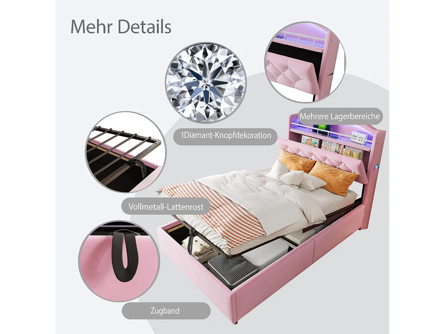 Lit enfant 90x200 cm en velours rose avec LED, port USB et rangements – Lit simple multifonction