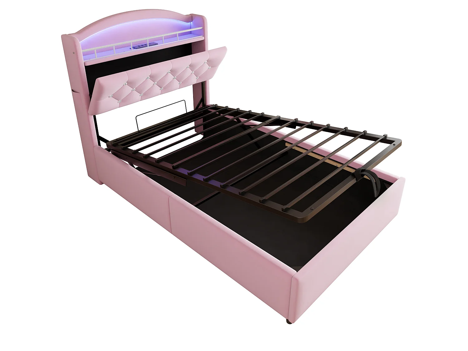 Lit enfant 90x200 cm en velours rose avec LED, port USB et rangements – Lit simple multifonction