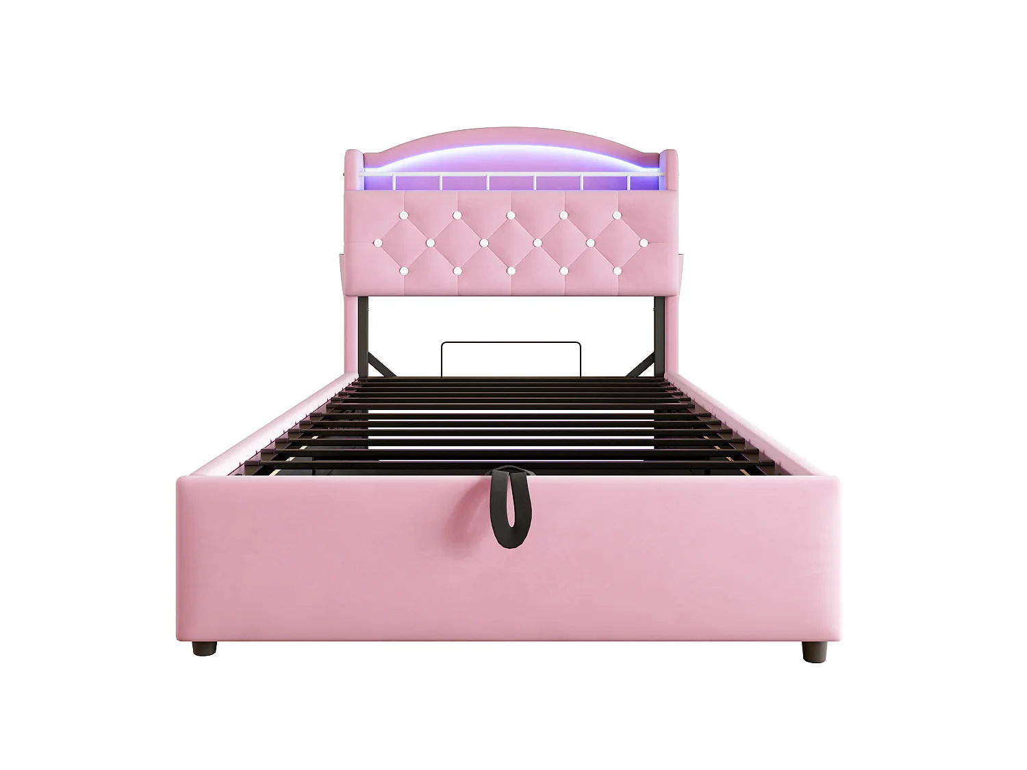 Lit enfant 90x200 cm en velours rose avec LED, port USB et rangements – Lit simple multifonction