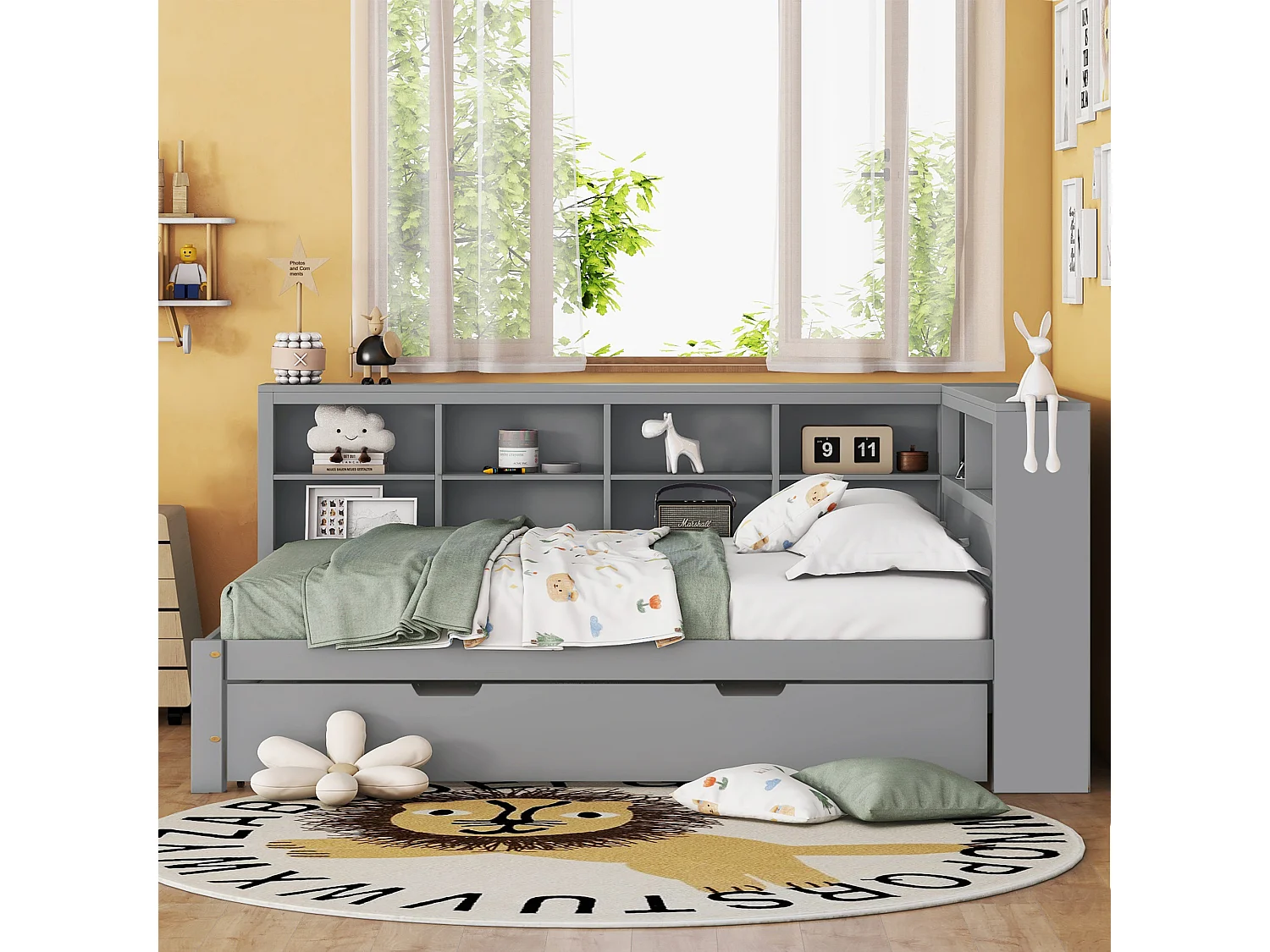 Canapé-lit multifonction 140x200 cm en bois massif gris – Lit gigogne 90x190 cm, port USB et rangements intégrés
