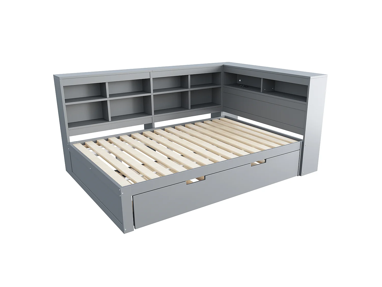 Canapé-lit multifonction 140x200 cm en bois massif gris – Lit gigogne 90x190 cm, port USB et rangements intégrés