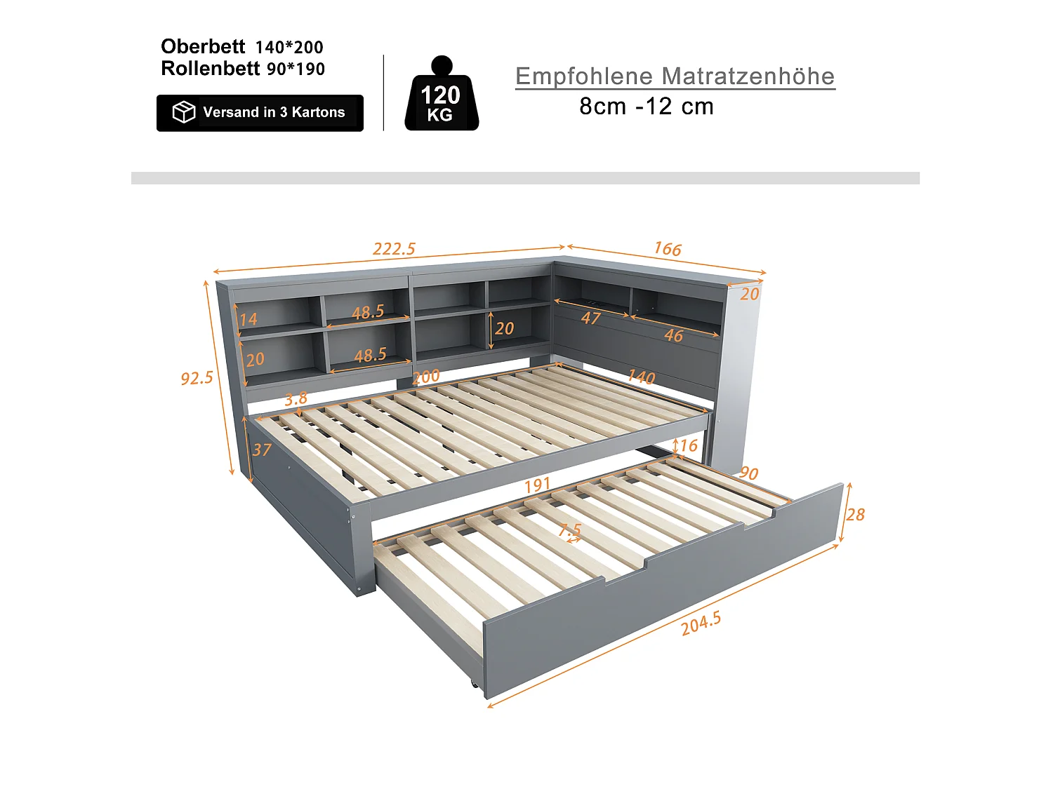 Canapé-lit multifonction 140x200 cm en bois massif gris – Lit gigogne 90x190 cm, port USB et rangements intégrés