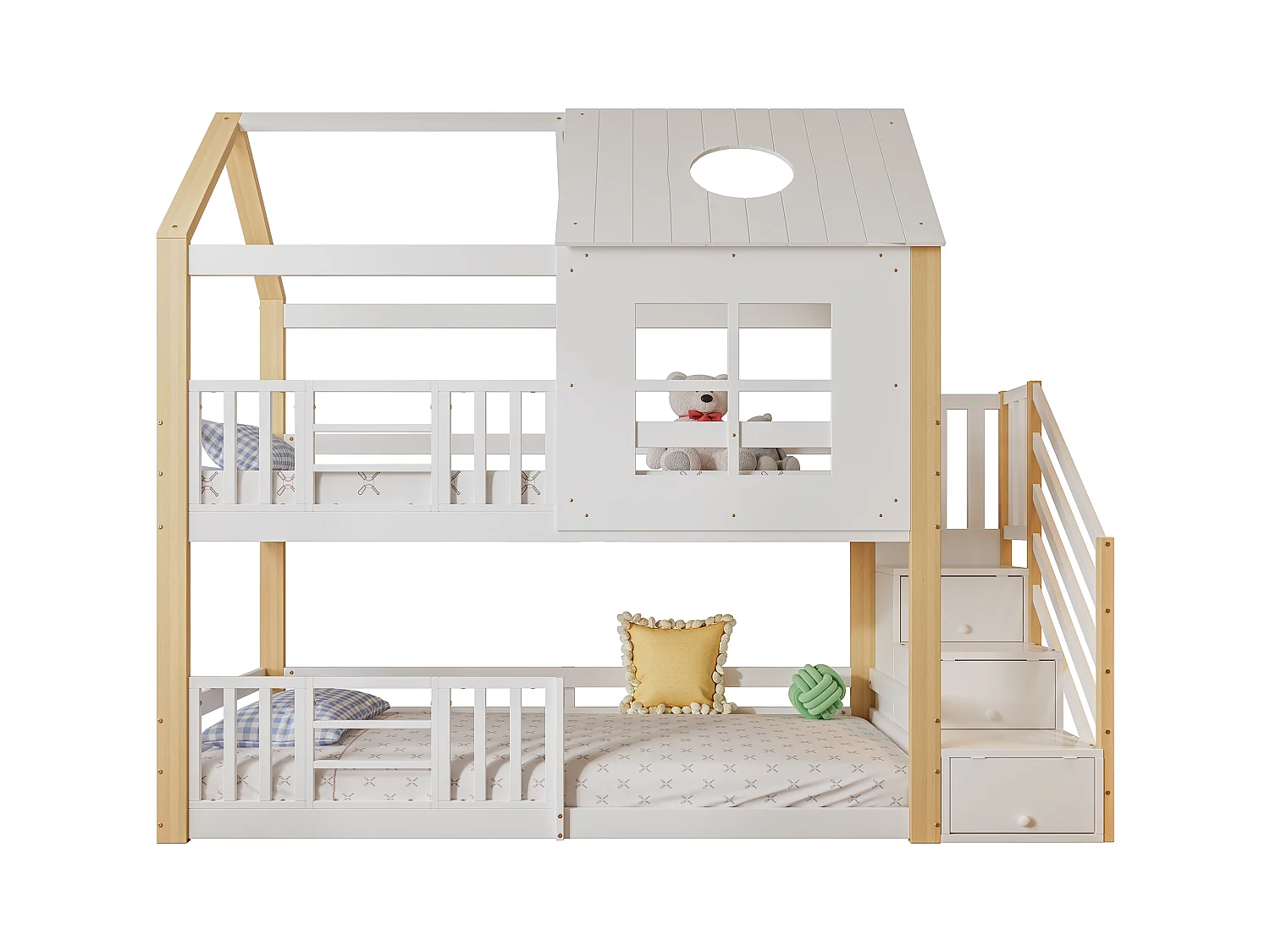 Litera cabina 90x200 cm en pino y MDF blanco/natural - Escalera con almacenaje, barreras, ventanas y techo