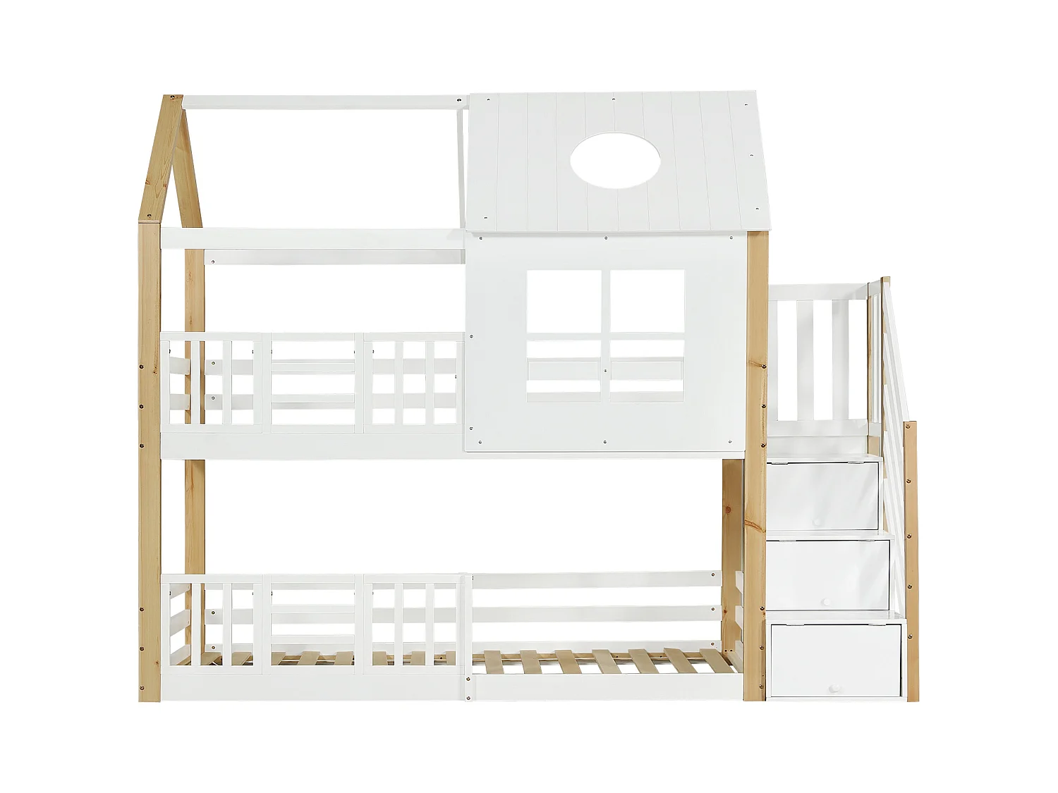 Litera cabina 90x200 cm en pino y MDF blanco/natural - Escalera con almacenaje, barreras, ventanas y techo